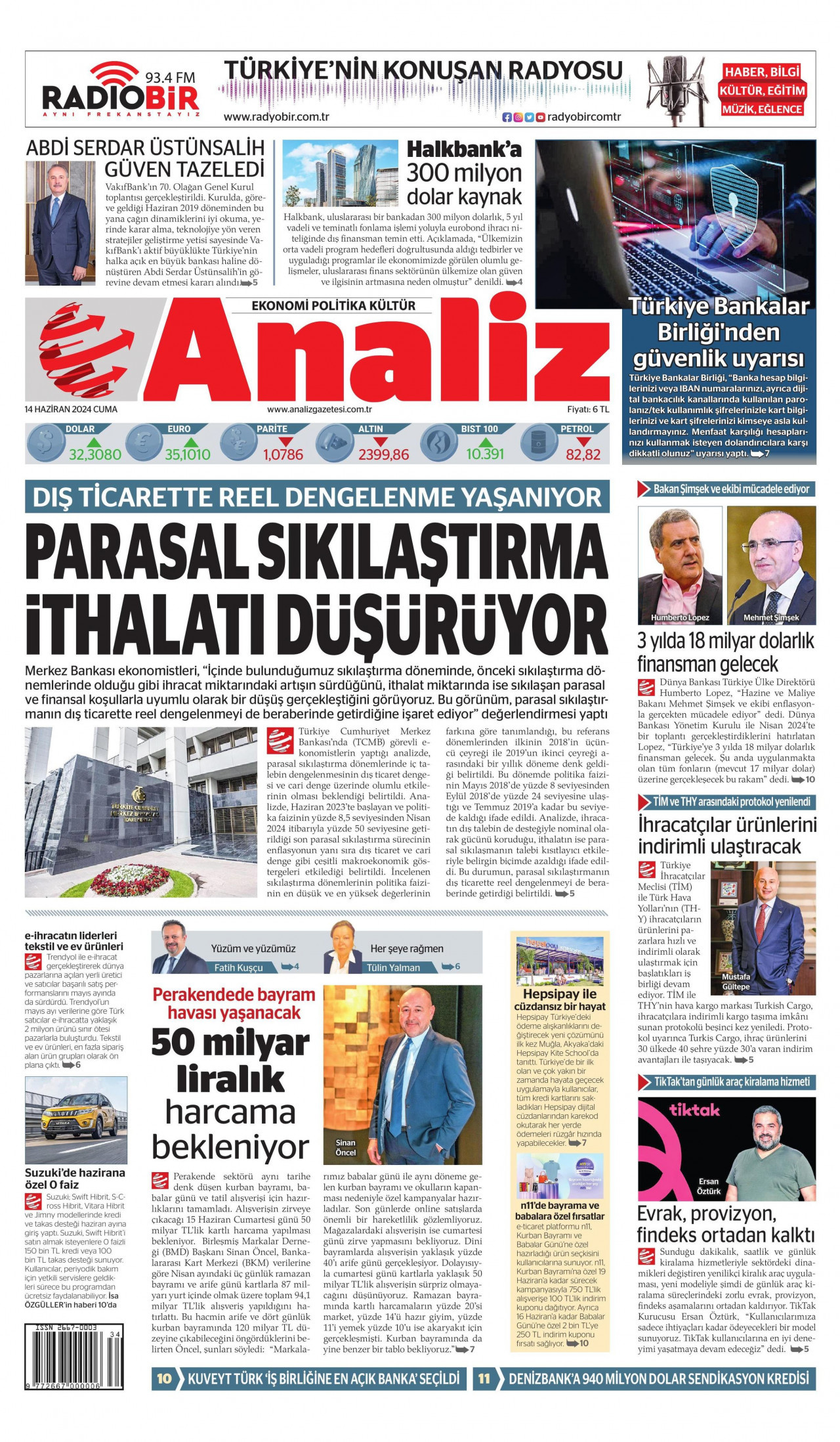 ANALİZ gazetesinin 14 Haziran 2024 tarihli birinci sayfası