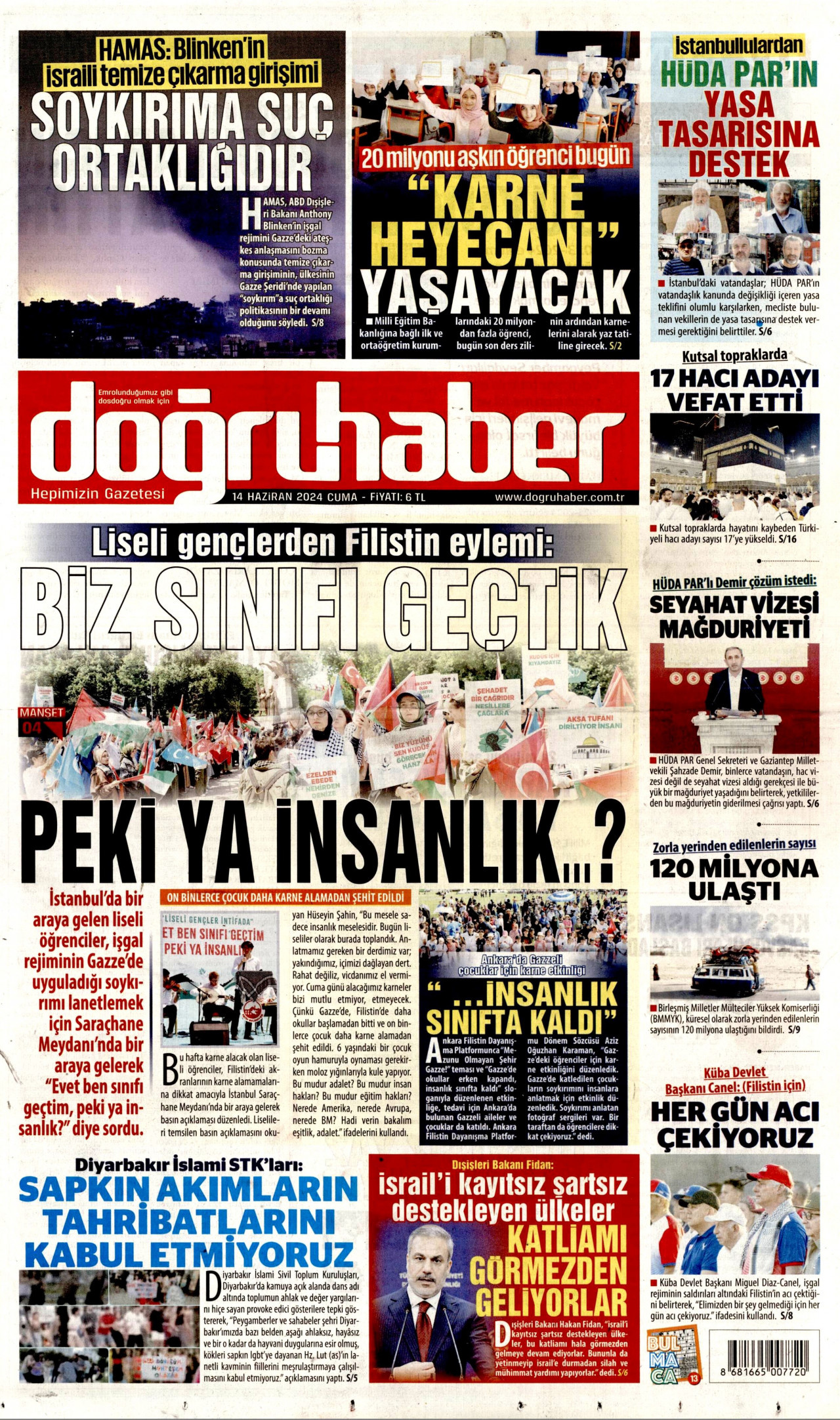 DOĞRU HABER gazetesinin 14 Haziran 2024 tarihli birinci sayfası