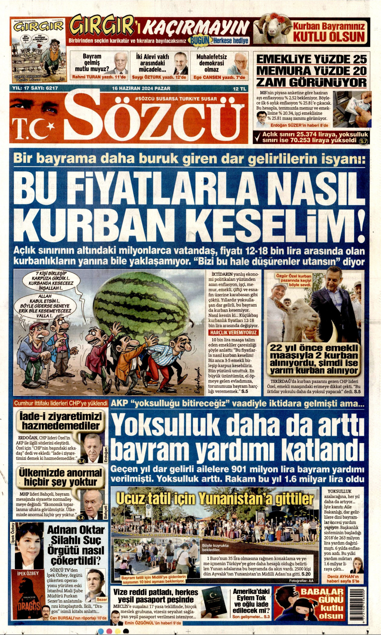 SÖZCÜ gazetesinin 16 Haziran 2024 tarihli birinci sayfası