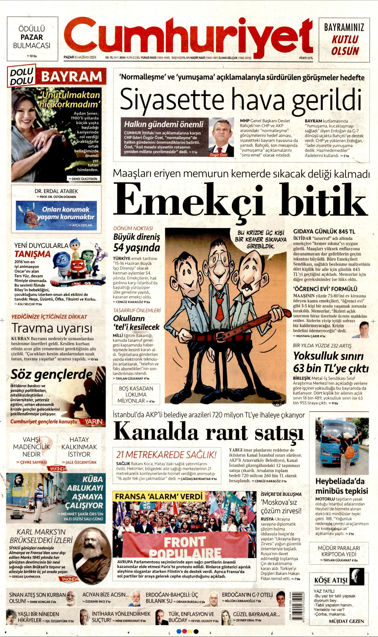 CUMHURİYET gazetesinin 16 Haziran 2024 tarihli birinci sayfası