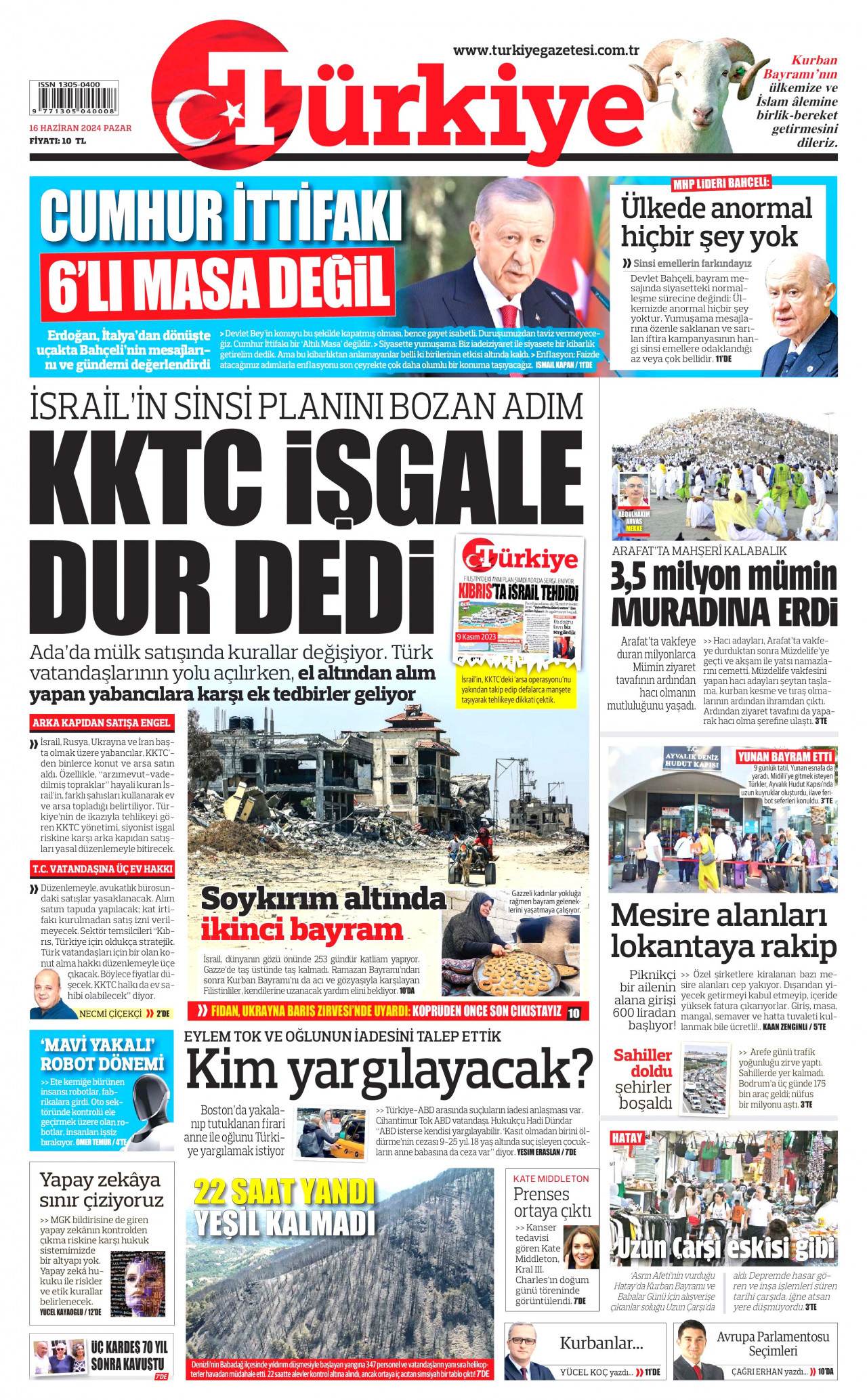 TÜRKİYE GAZETESİ gazetesinin 16 Haziran 2024 tarihli birinci sayfası