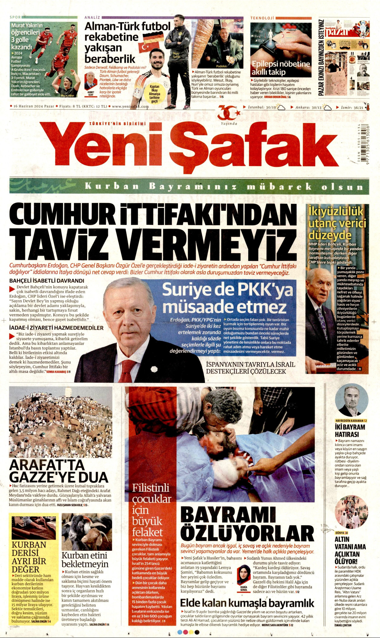 YENİ ŞAFAK gazetesinin 16 Haziran 2024 tarihli birinci sayfası