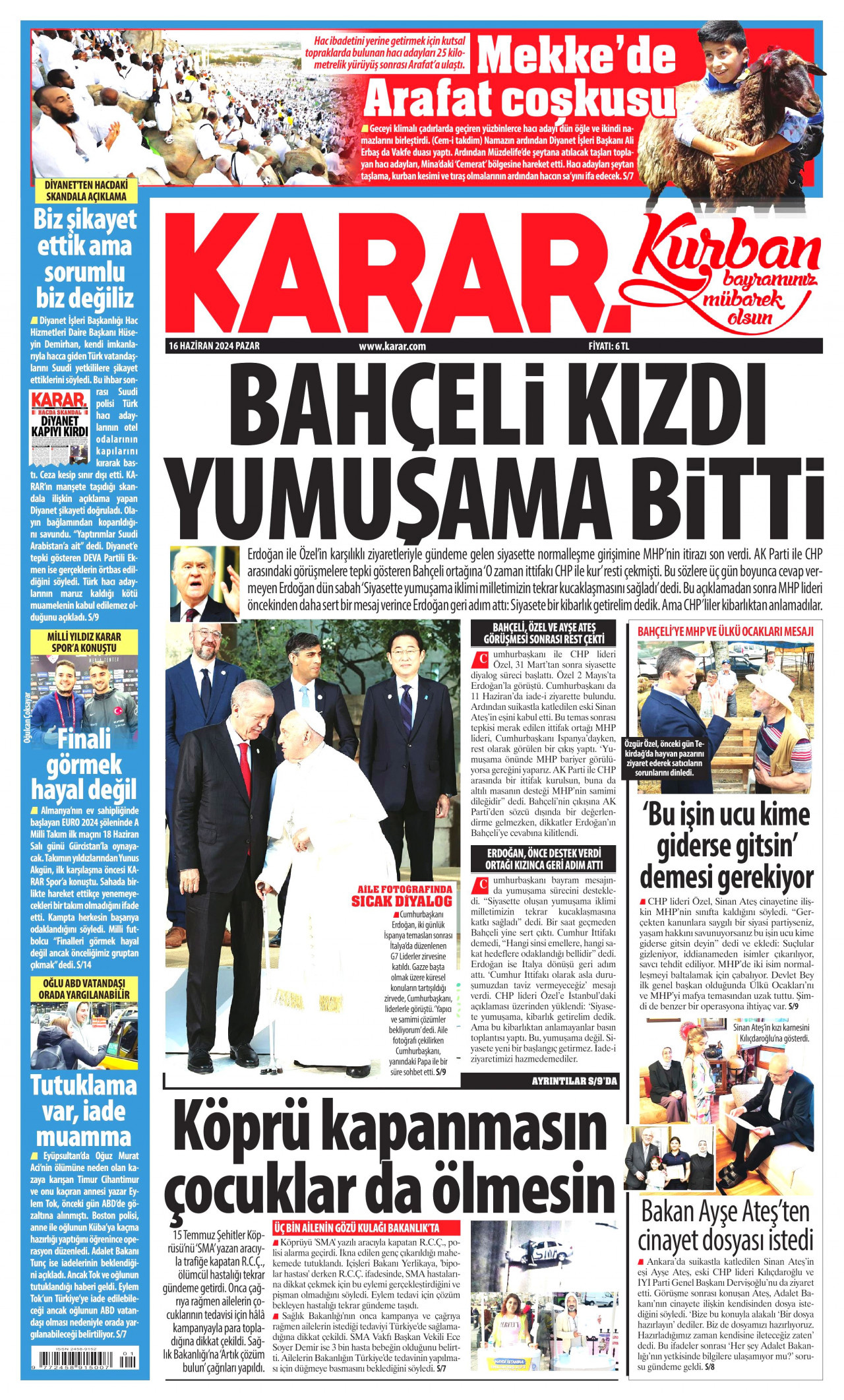 KARAR gazetesinin 16 Haziran 2024 tarihli birinci sayfası