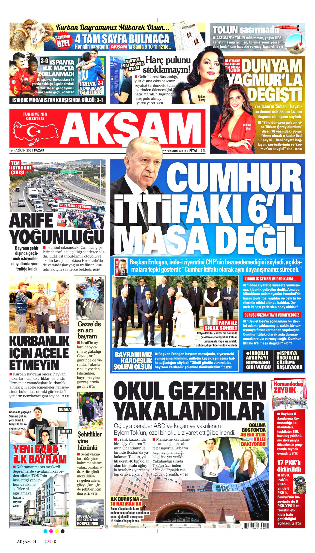 AKŞAM gazetesinin 16 Haziran 2024 tarihli birinci sayfası