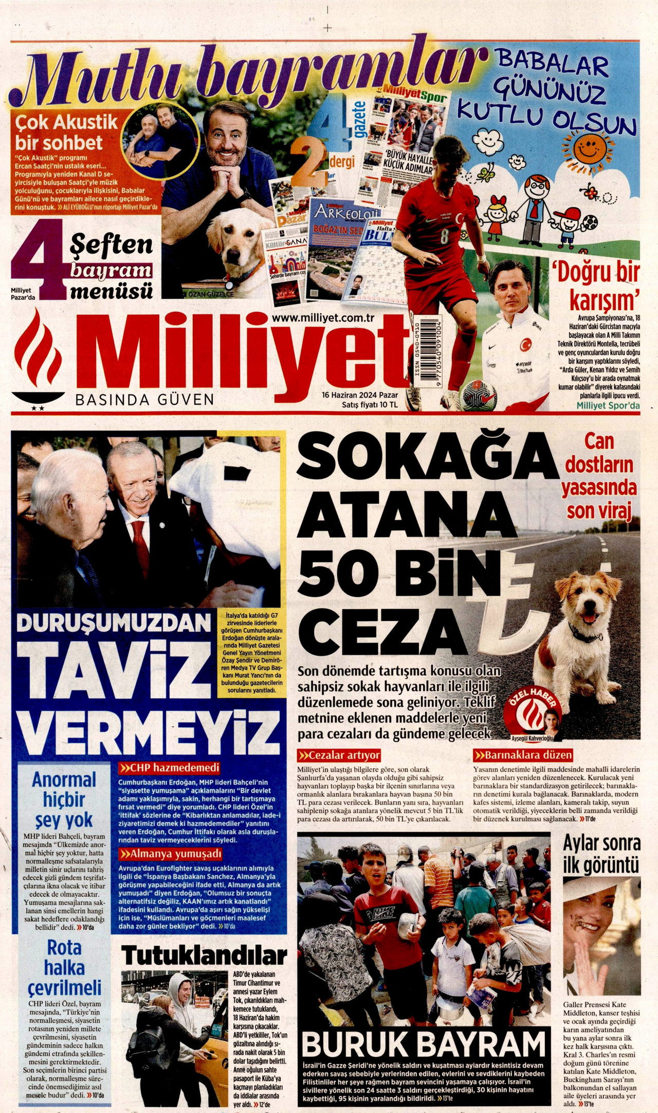 MİLLİYET gazetesinin 16 Haziran 2024 tarihli birinci sayfası
