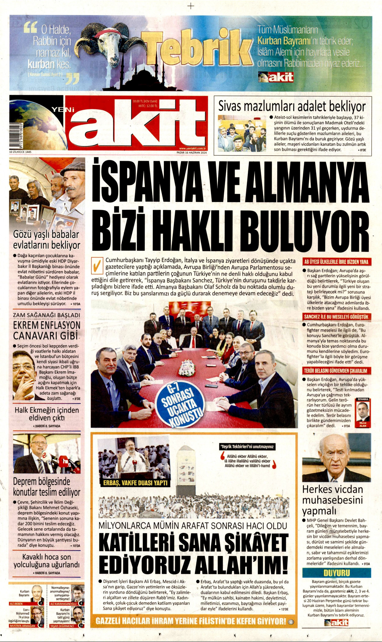 YENİ AKİT gazetesinin 16 Haziran 2024 tarihli birinci sayfası
