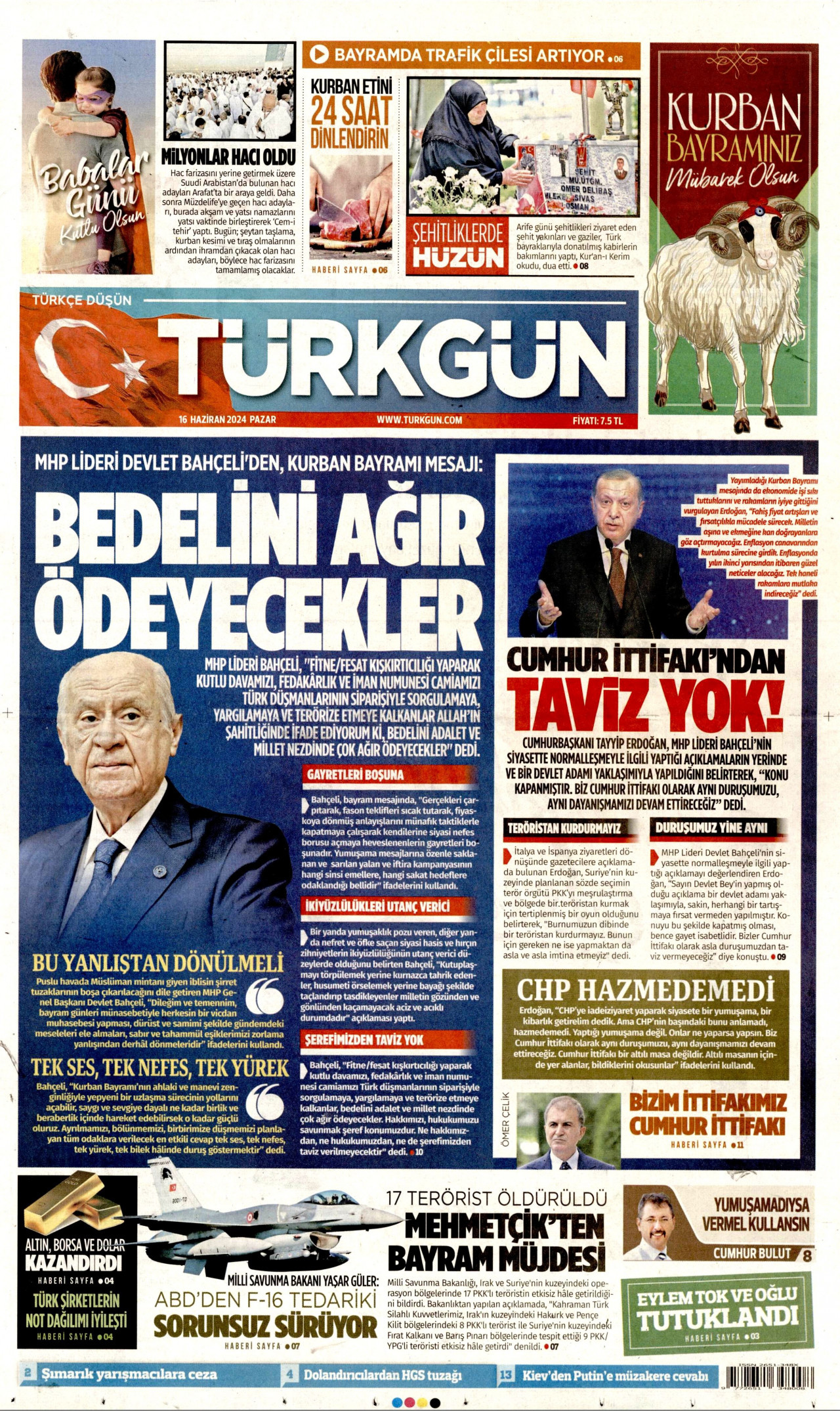 TÜRKGÜN gazetesinin 16 Haziran 2024 tarihli birinci sayfası