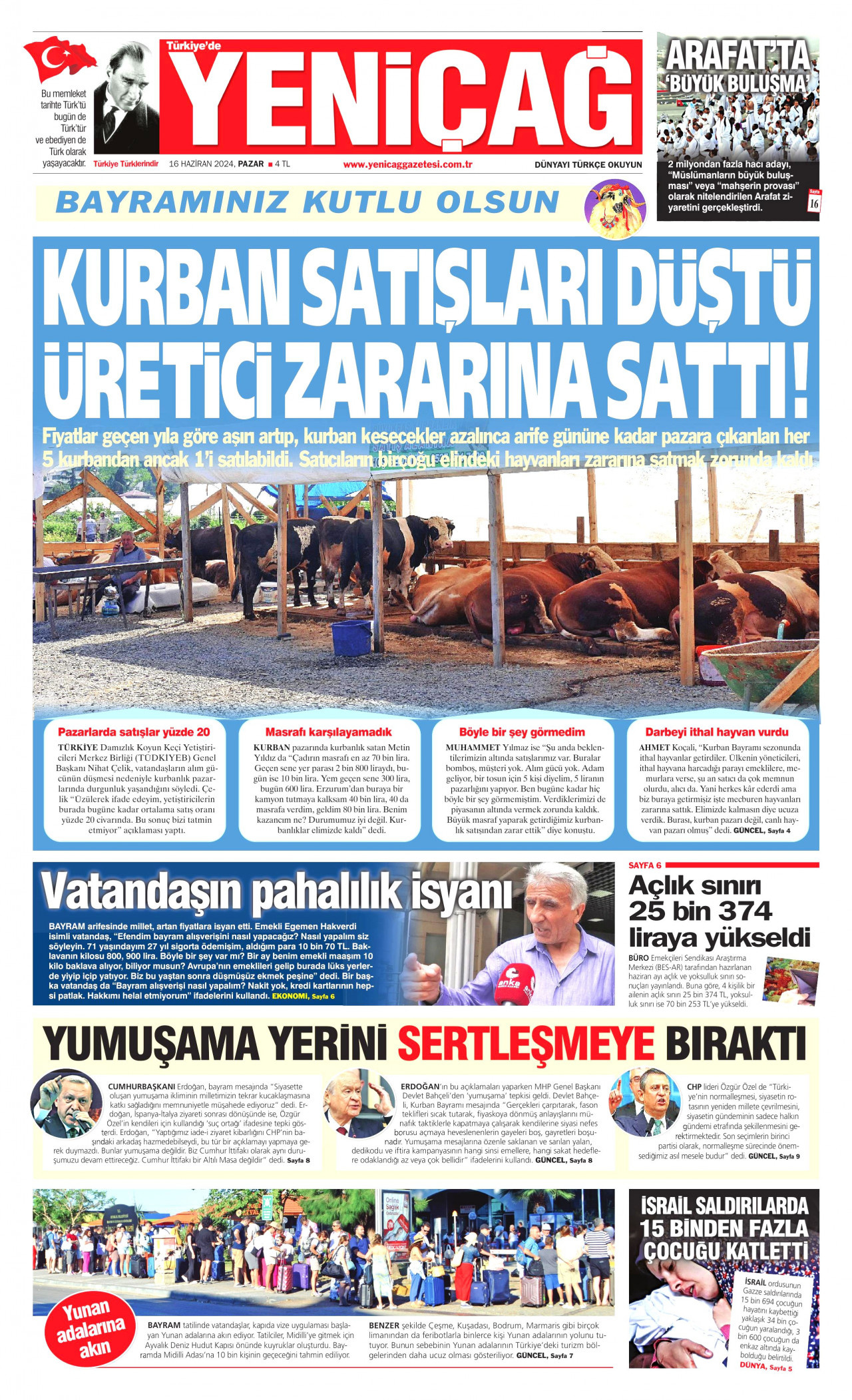 YENİÇAĞ gazetesinin 16 Haziran 2024 tarihli birinci sayfası