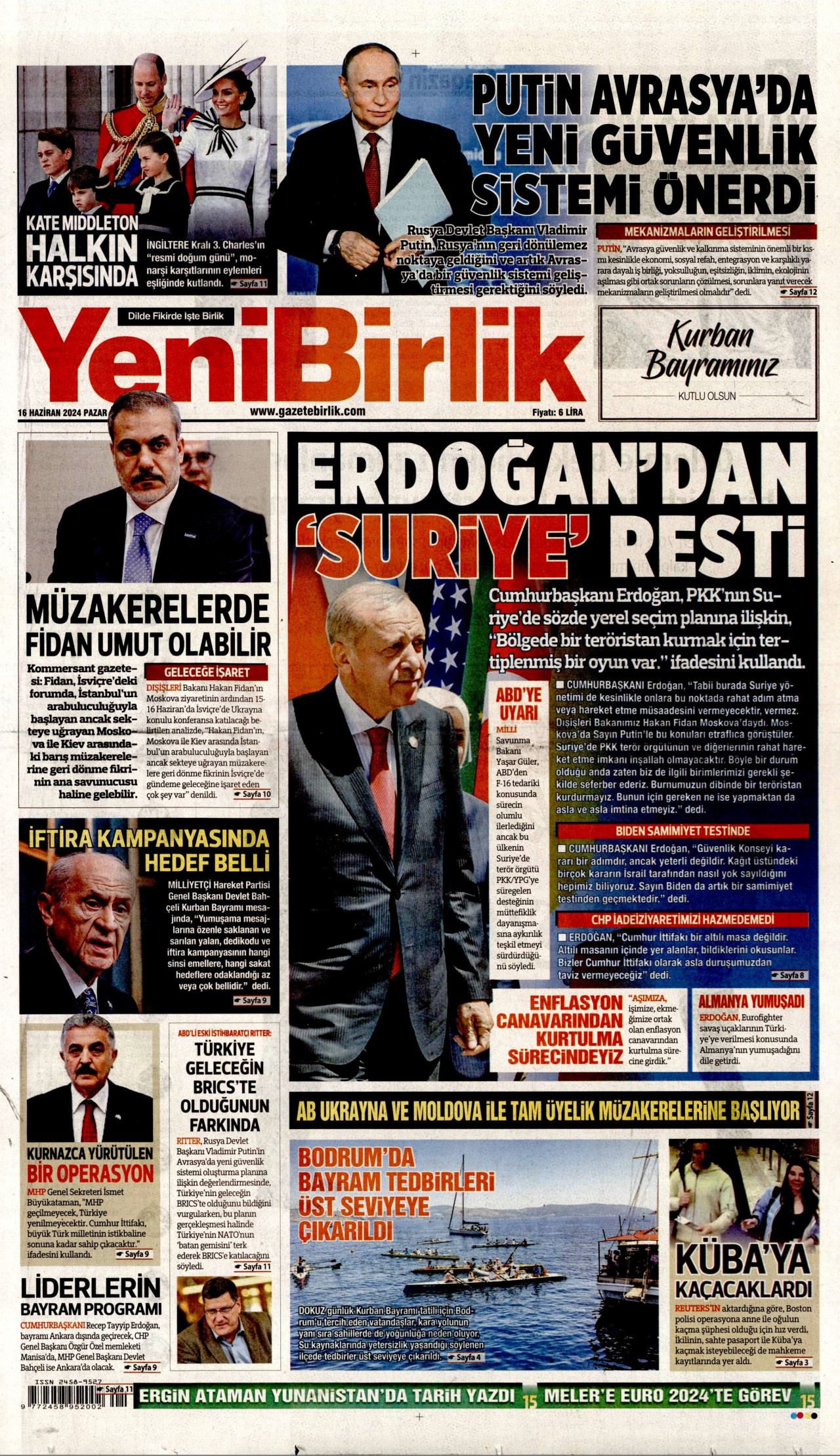 YENİBİRLİK gazetesinin 16 Haziran 2024 tarihli birinci sayfası