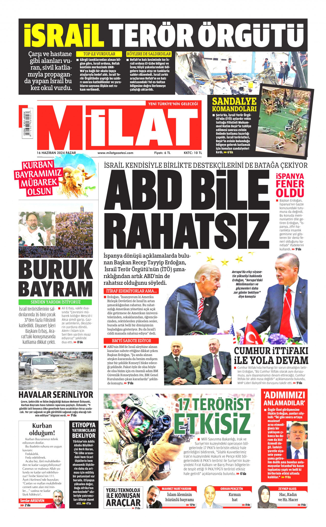MİLAT gazetesinin 16 Haziran 2024 tarihli birinci sayfası
