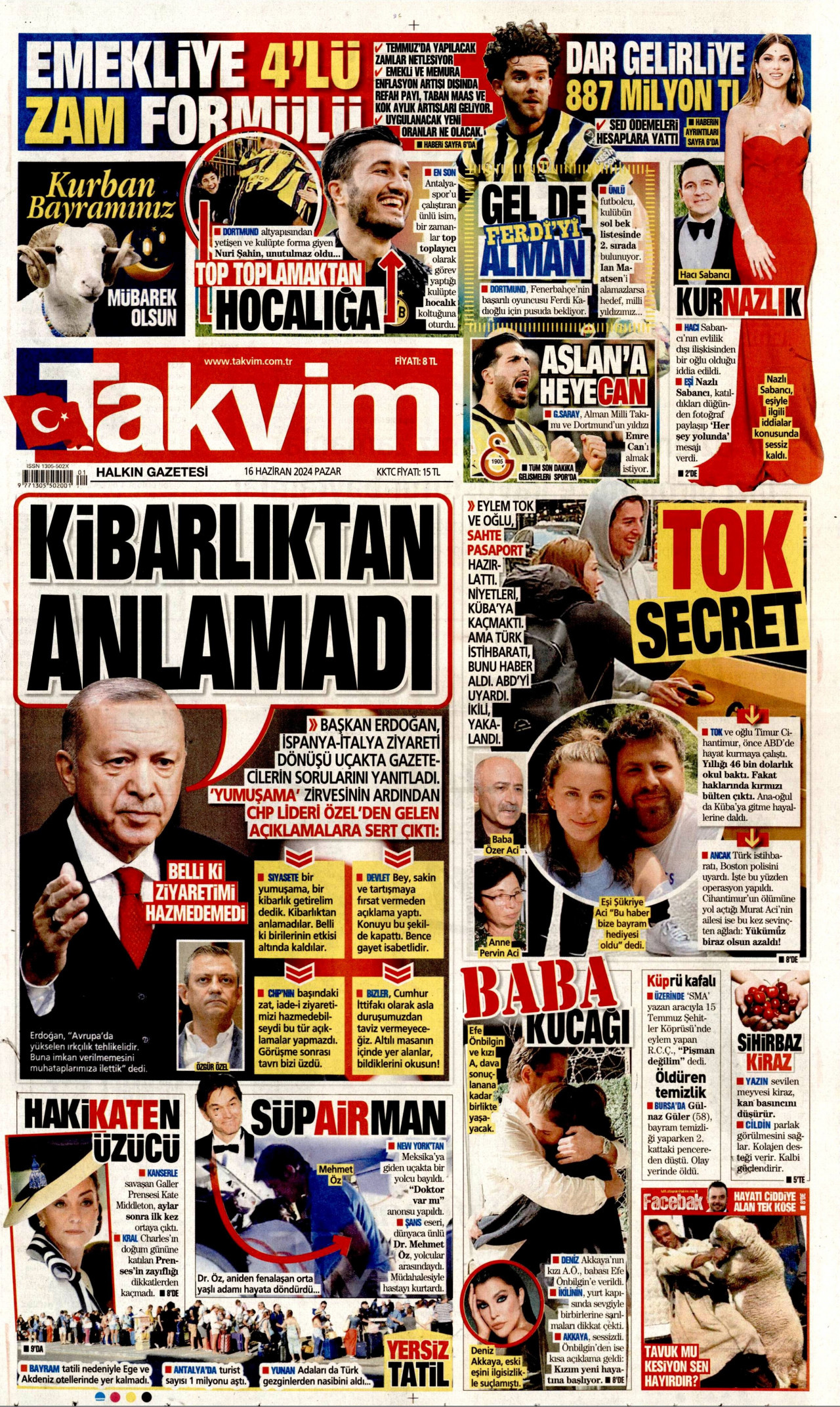 TAKVİM gazetesinin 16 Haziran 2024 tarihli birinci sayfası