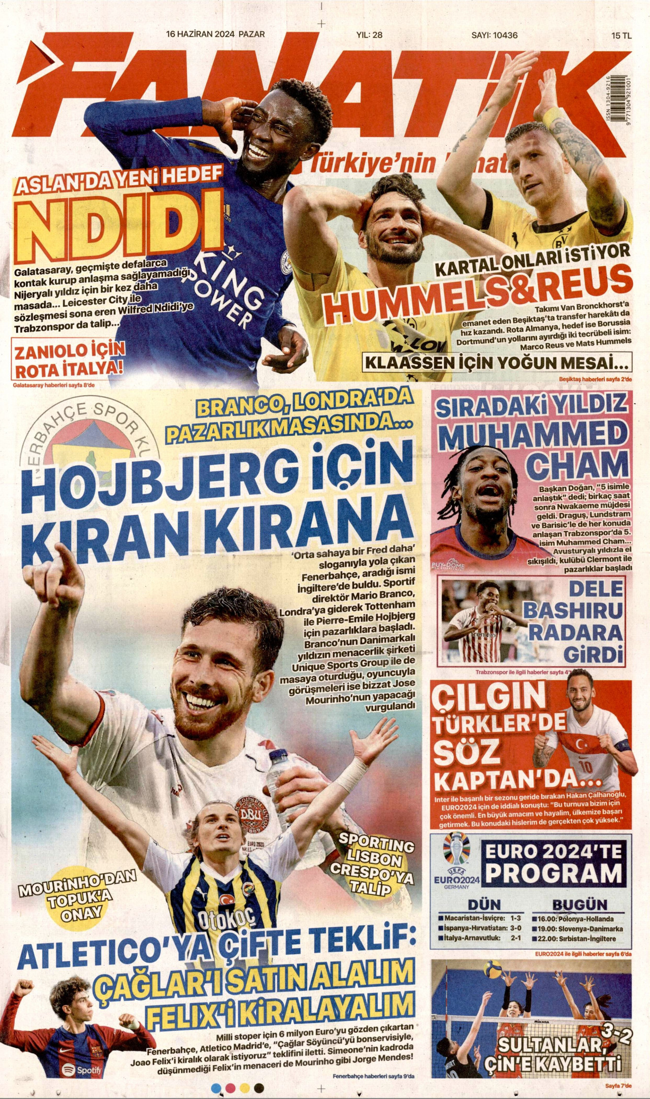 FANATİK gazetesinin 16 Haziran 2024 tarihli birinci sayfası