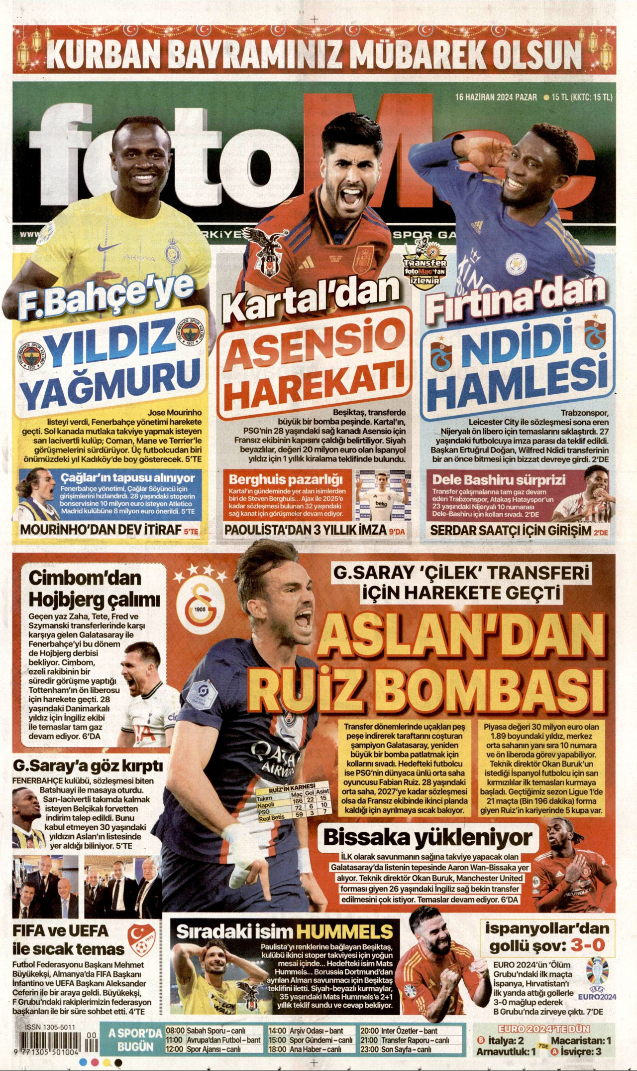 FOTOMAÇ gazetesinin 16 Haziran 2024 tarihli birinci sayfası