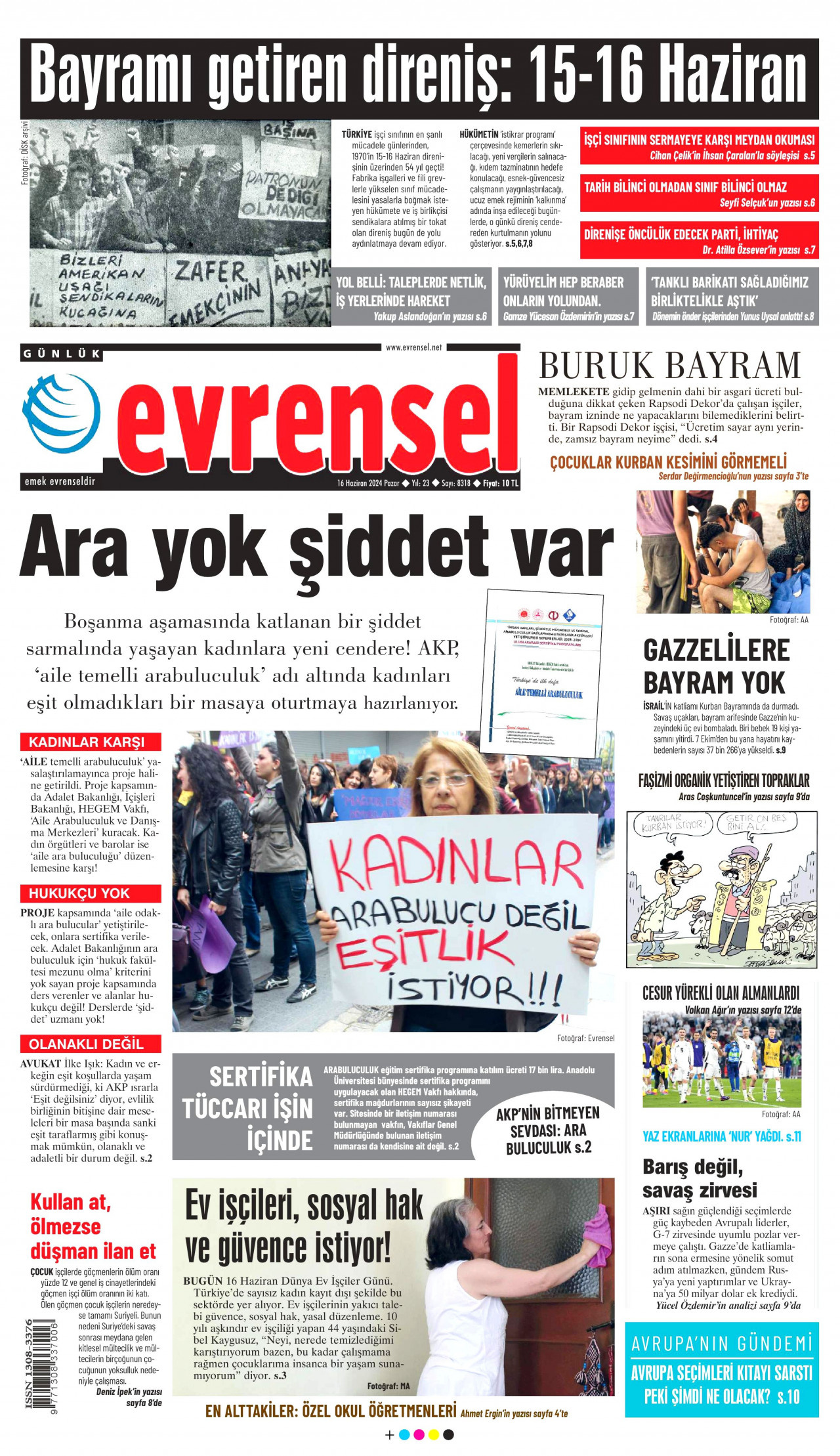EVRENSEL gazetesinin 16 Haziran 2024 tarihli birinci sayfası