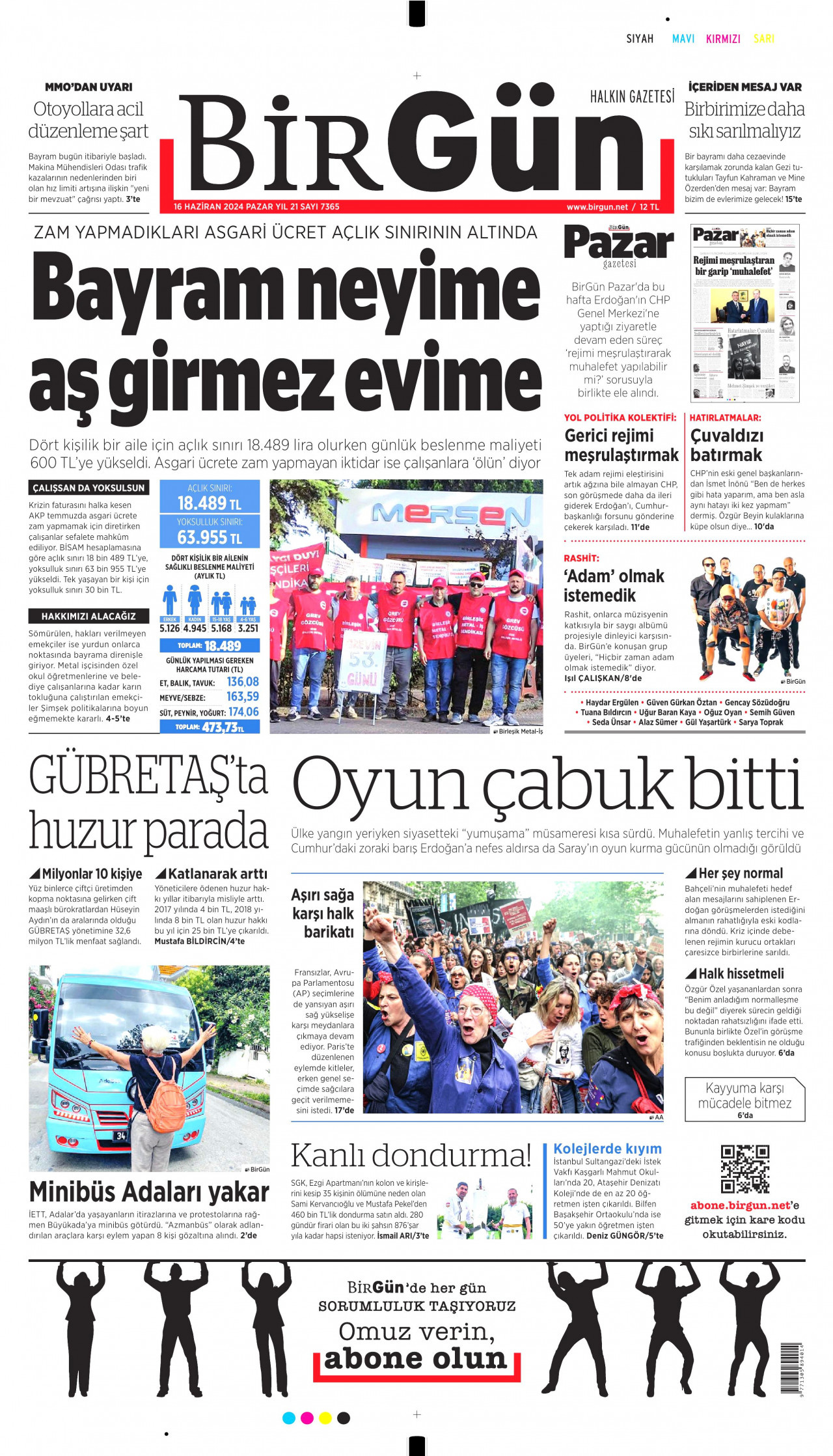 BİRGÜN gazetesinin 16 Haziran 2024 tarihli birinci sayfası