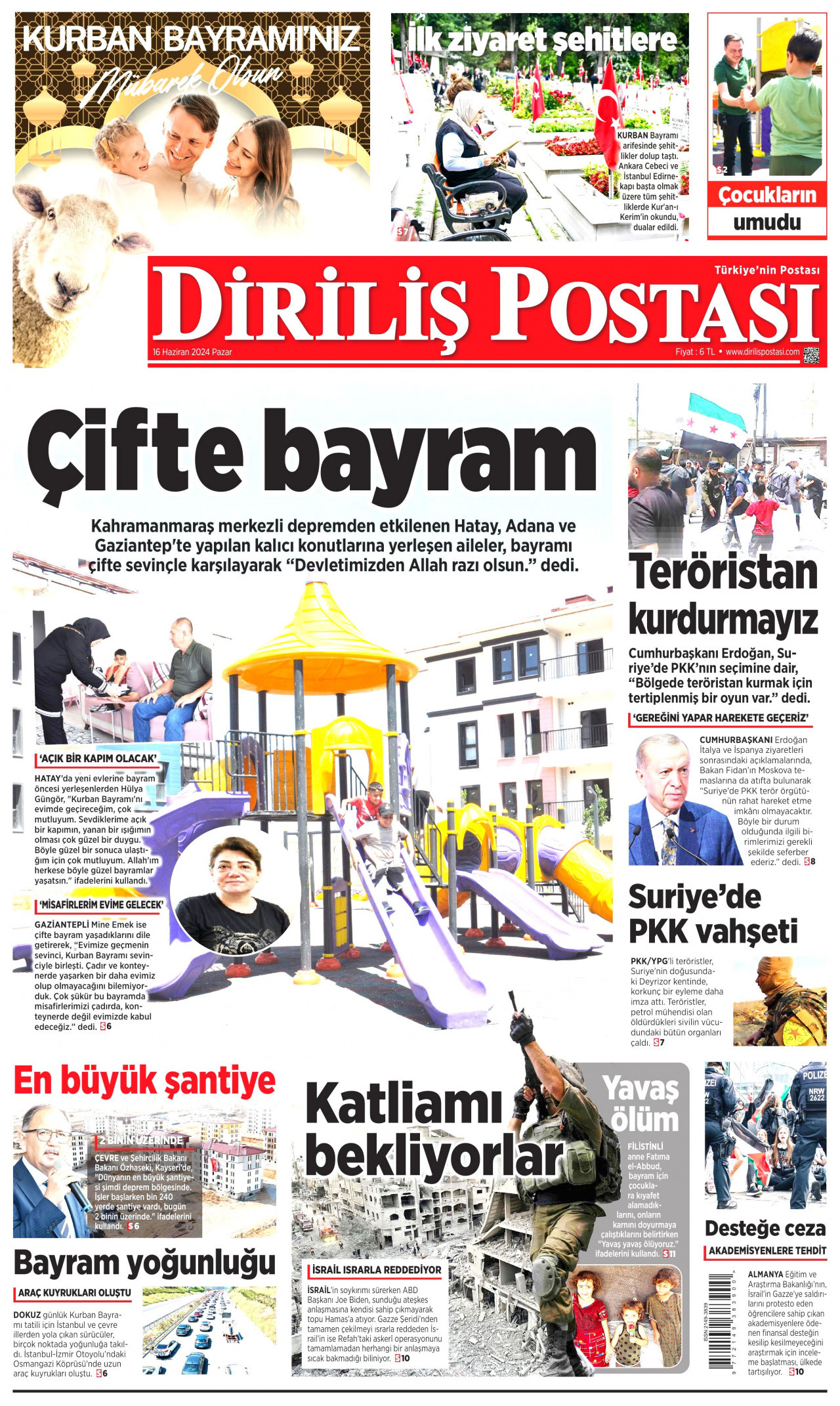 DİRİLİŞ POSTASI gazetesinin 16 Haziran 2024 tarihli birinci sayfası