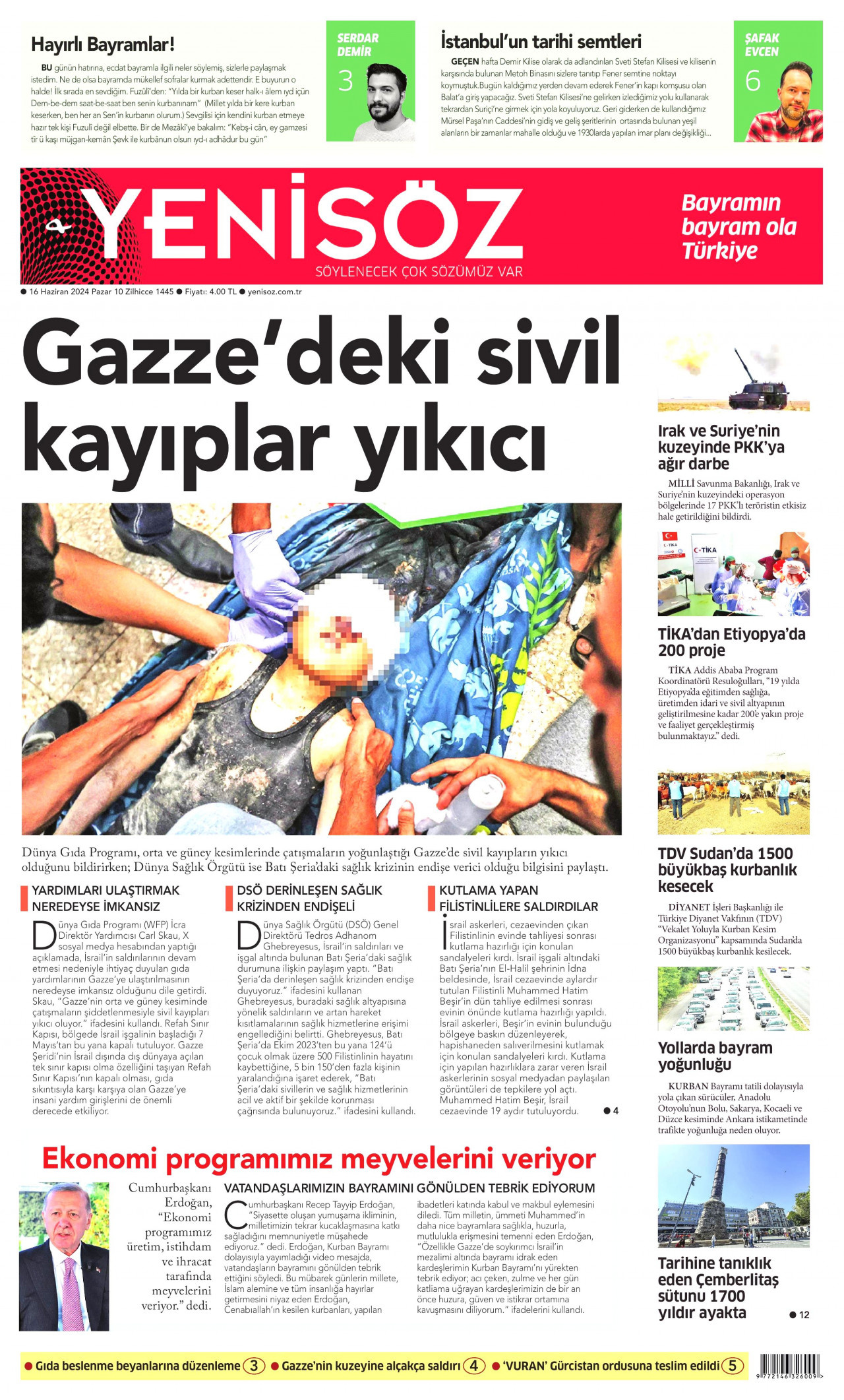 YENİ SÖZ GAZETESİ gazetesinin 16 Haziran 2024 tarihli birinci sayfası