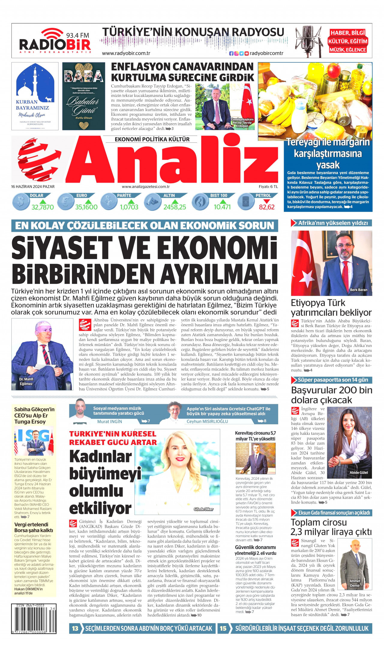 ANALİZ gazetesinin 16 Haziran 2024 tarihli birinci sayfası