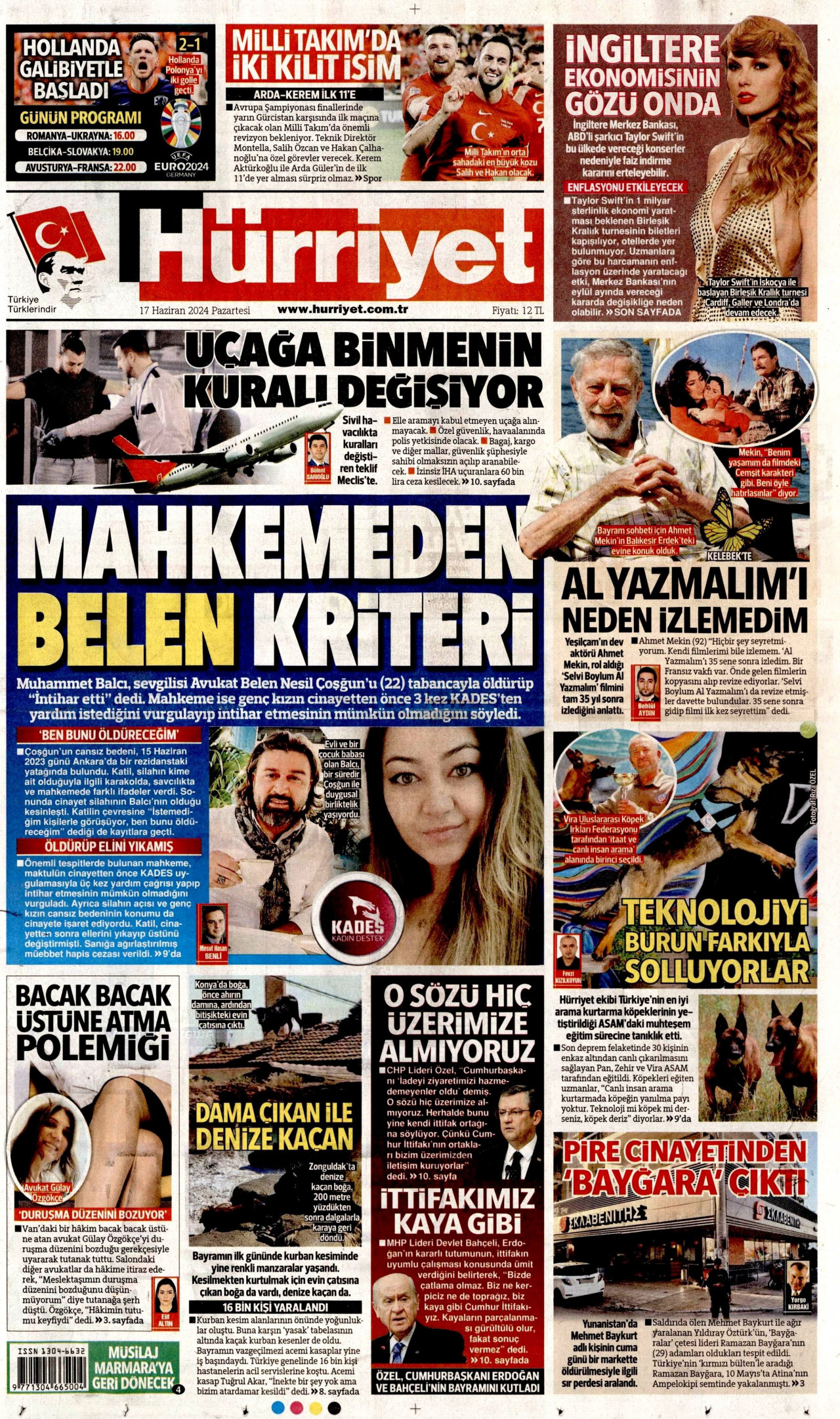 HÜRRİYET gazetesinin 17 Haziran 2024 tarihli birinci sayfası