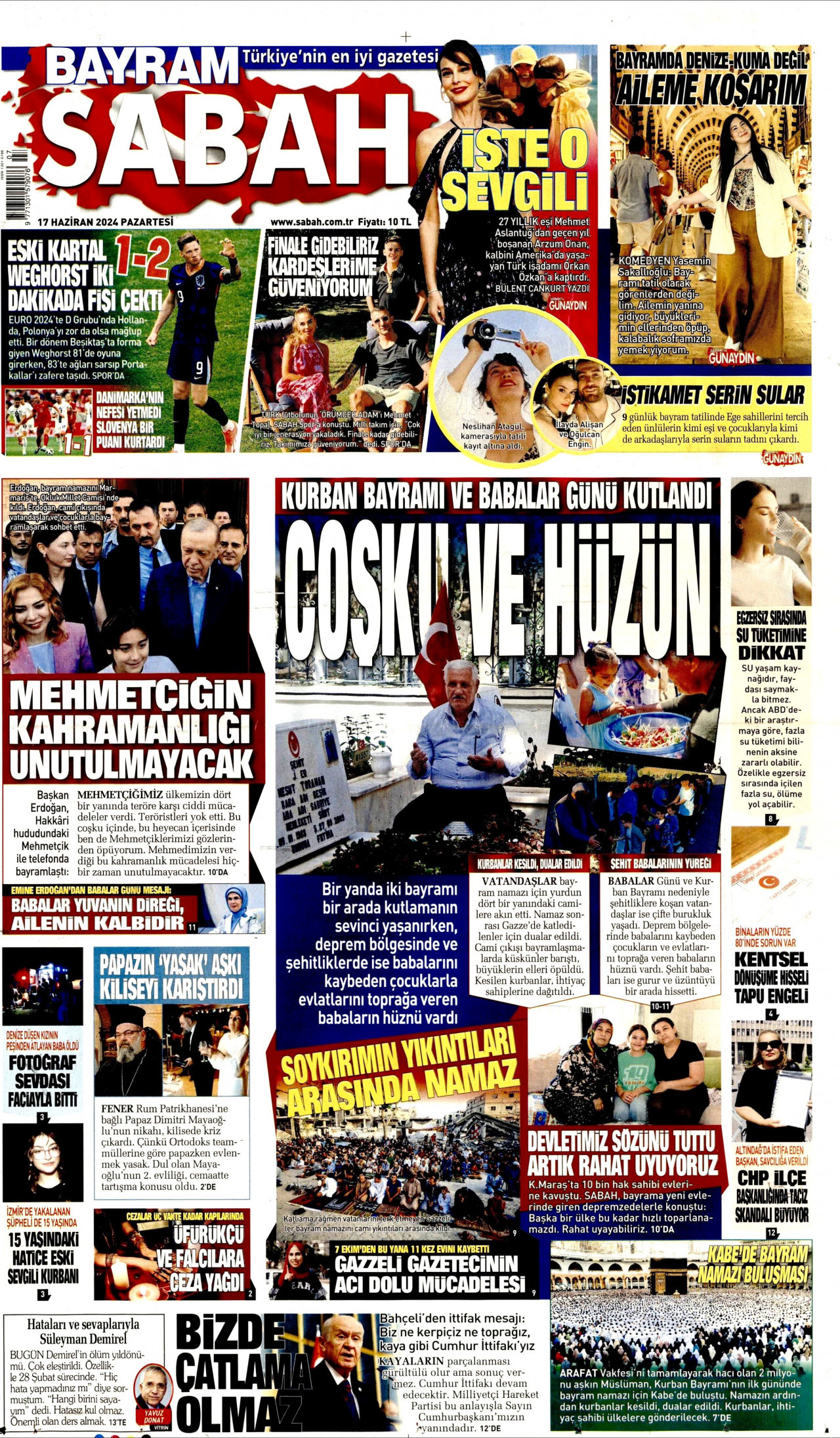 SABAH gazetesinin 17 Haziran 2024 tarihli birinci sayfası