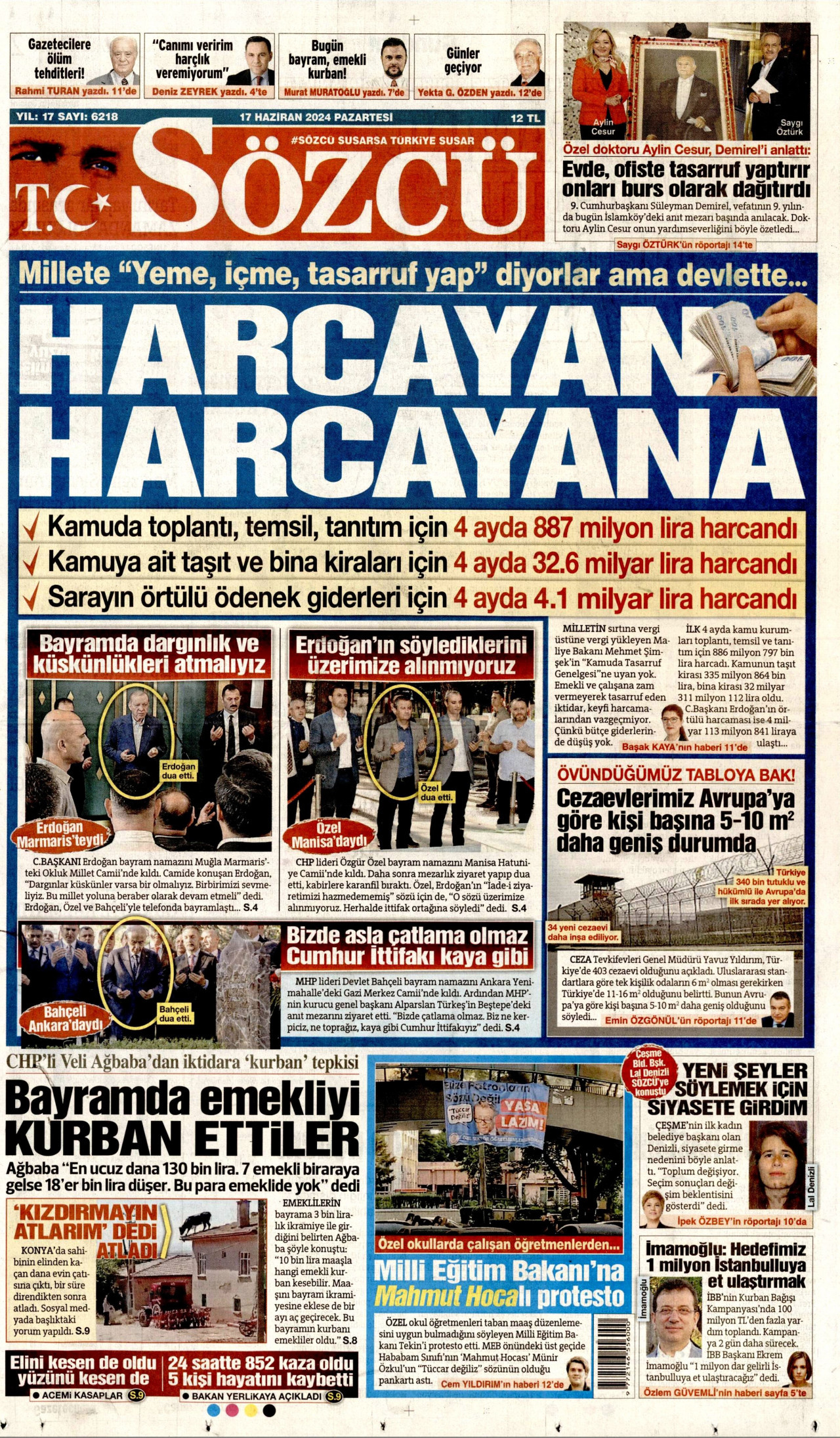 SÖZCÜ gazetesinin 17 Haziran 2024 tarihli birinci sayfası