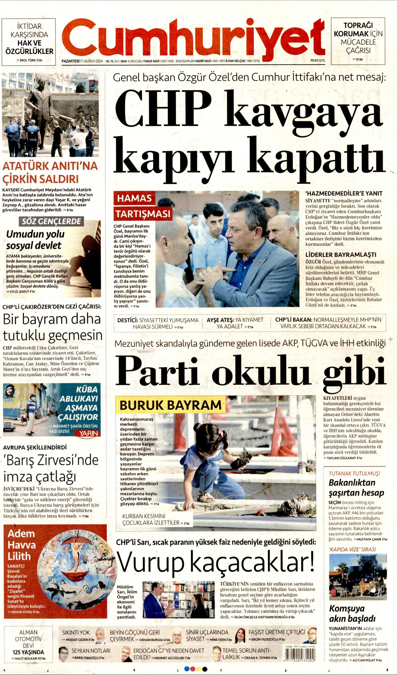 CUMHURİYET gazetesinin 17 Haziran 2024 tarihli birinci sayfası