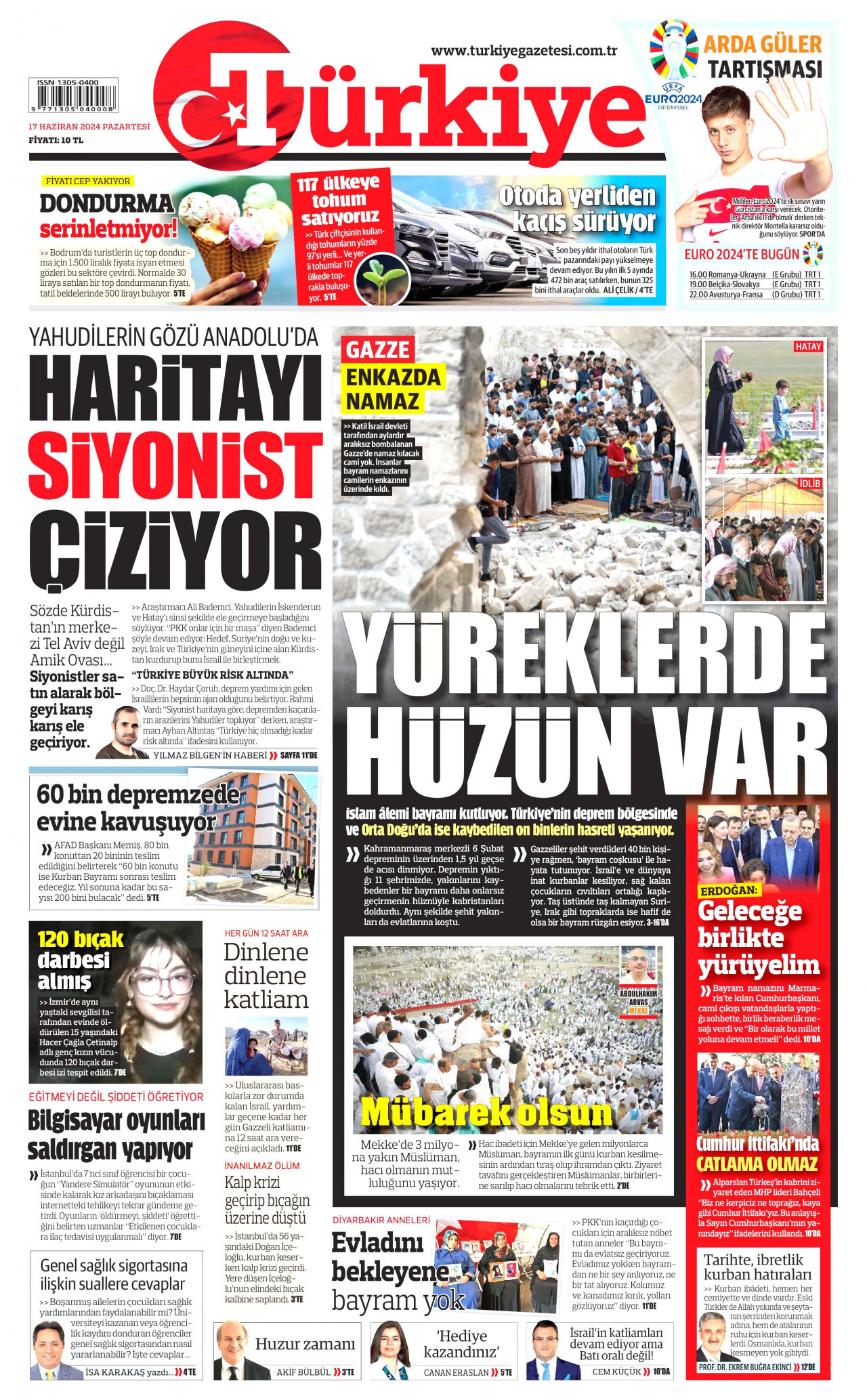 TÜRKİYE GAZETESİ gazetesinin 17 Haziran 2024 tarihli birinci sayfası