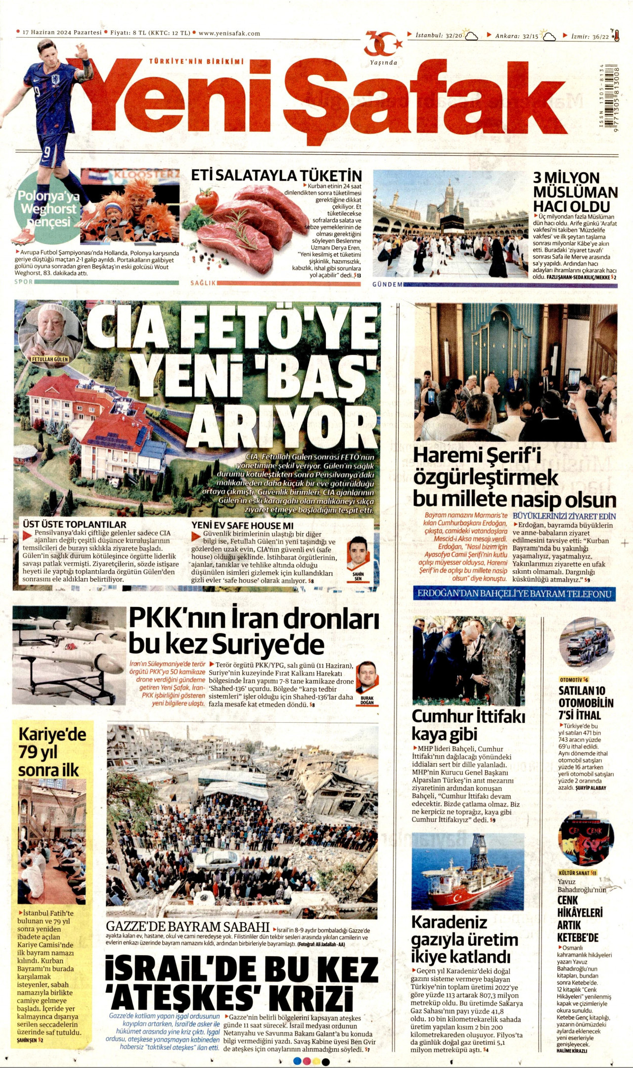 YENİ ŞAFAK gazetesinin 17 Haziran 2024 tarihli birinci sayfası
