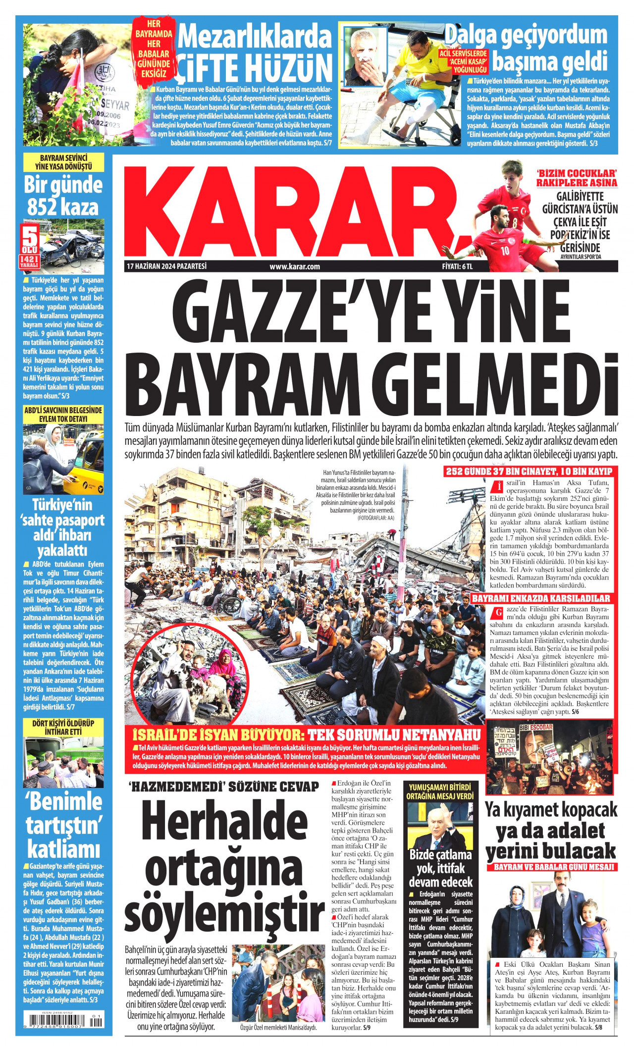 KARAR gazetesinin 17 Haziran 2024 tarihli birinci sayfası