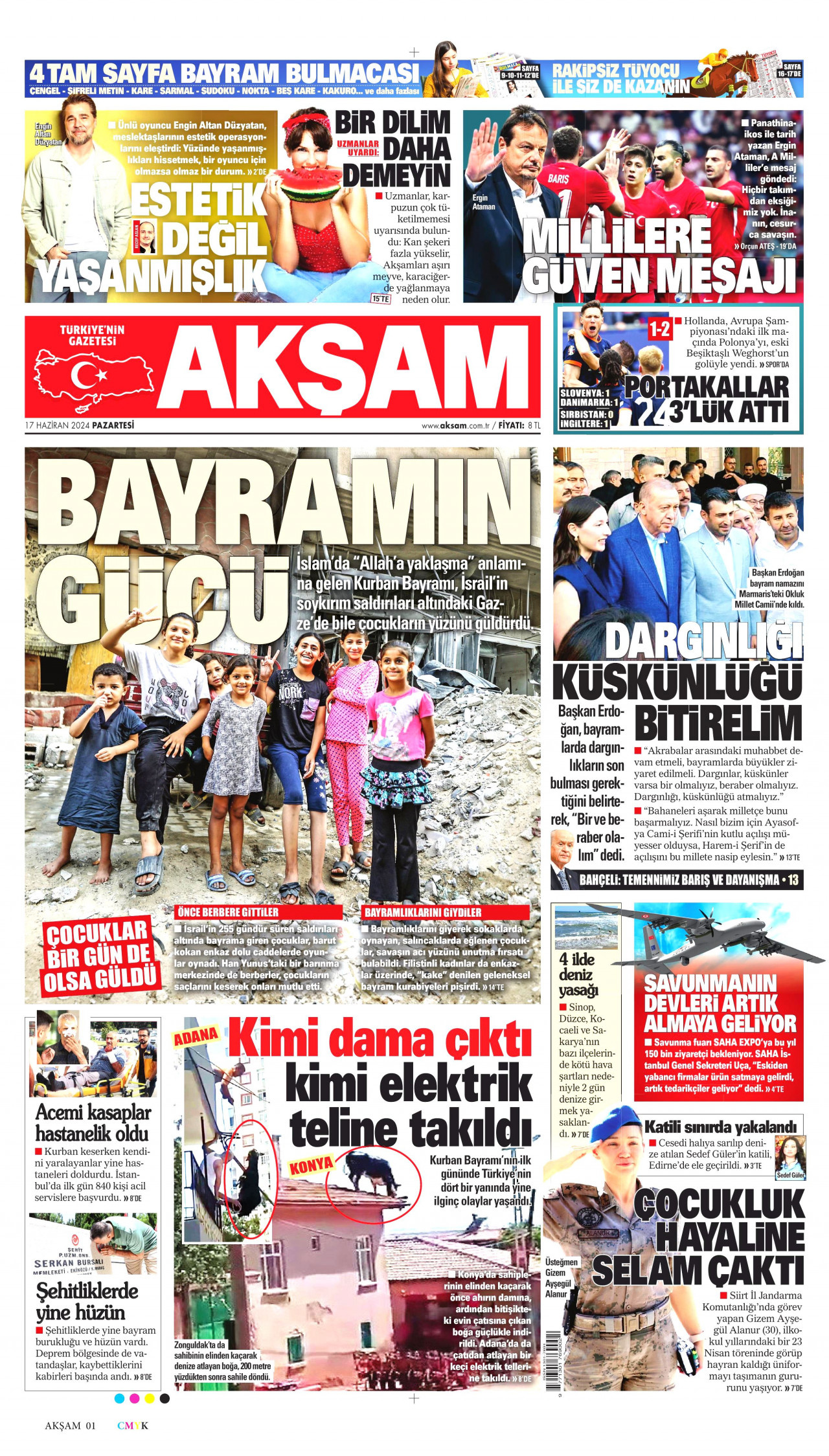 AKŞAM gazetesinin 17 Haziran 2024 tarihli birinci sayfası