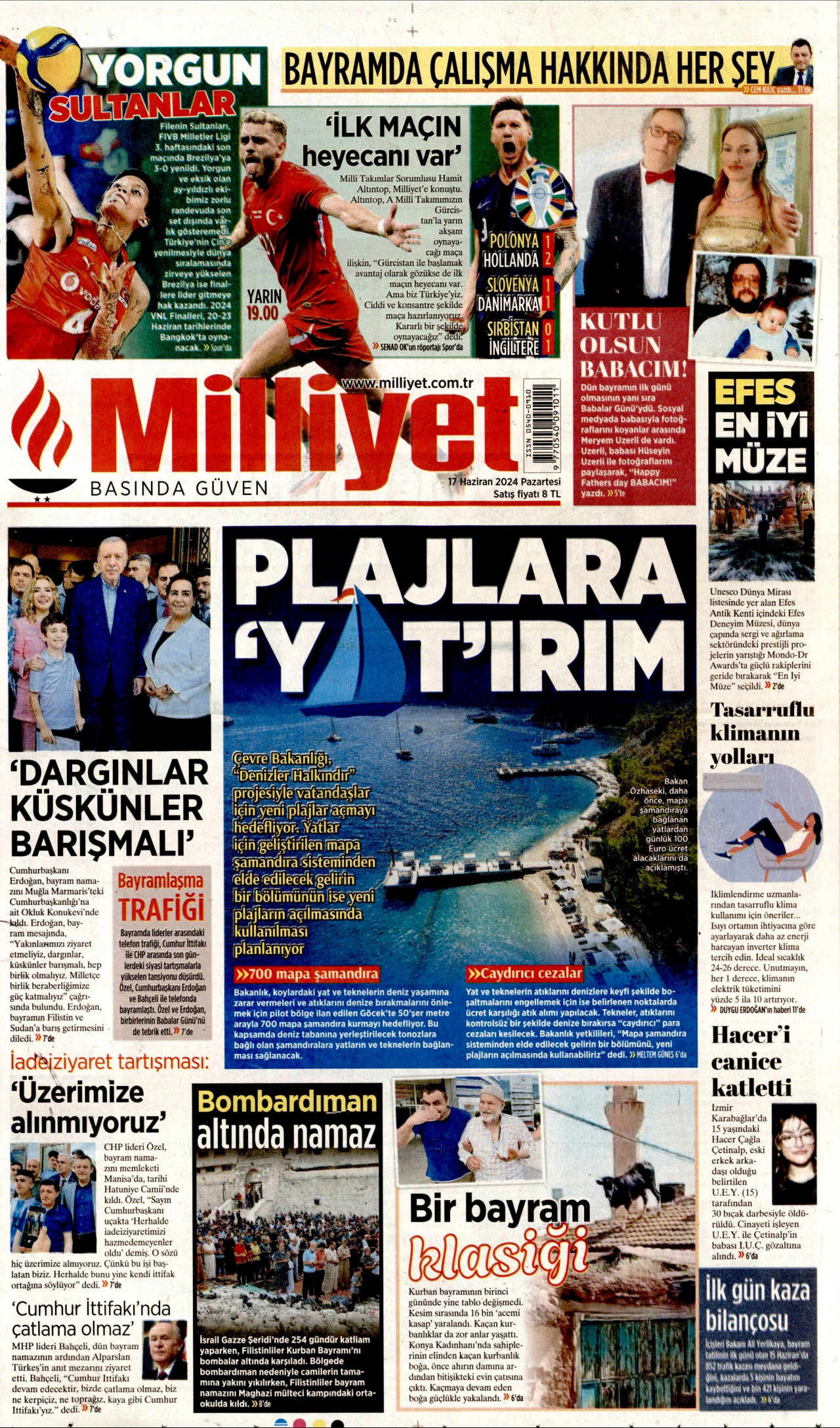 MİLLİYET gazetesinin 17 Haziran 2024 tarihli birinci sayfası