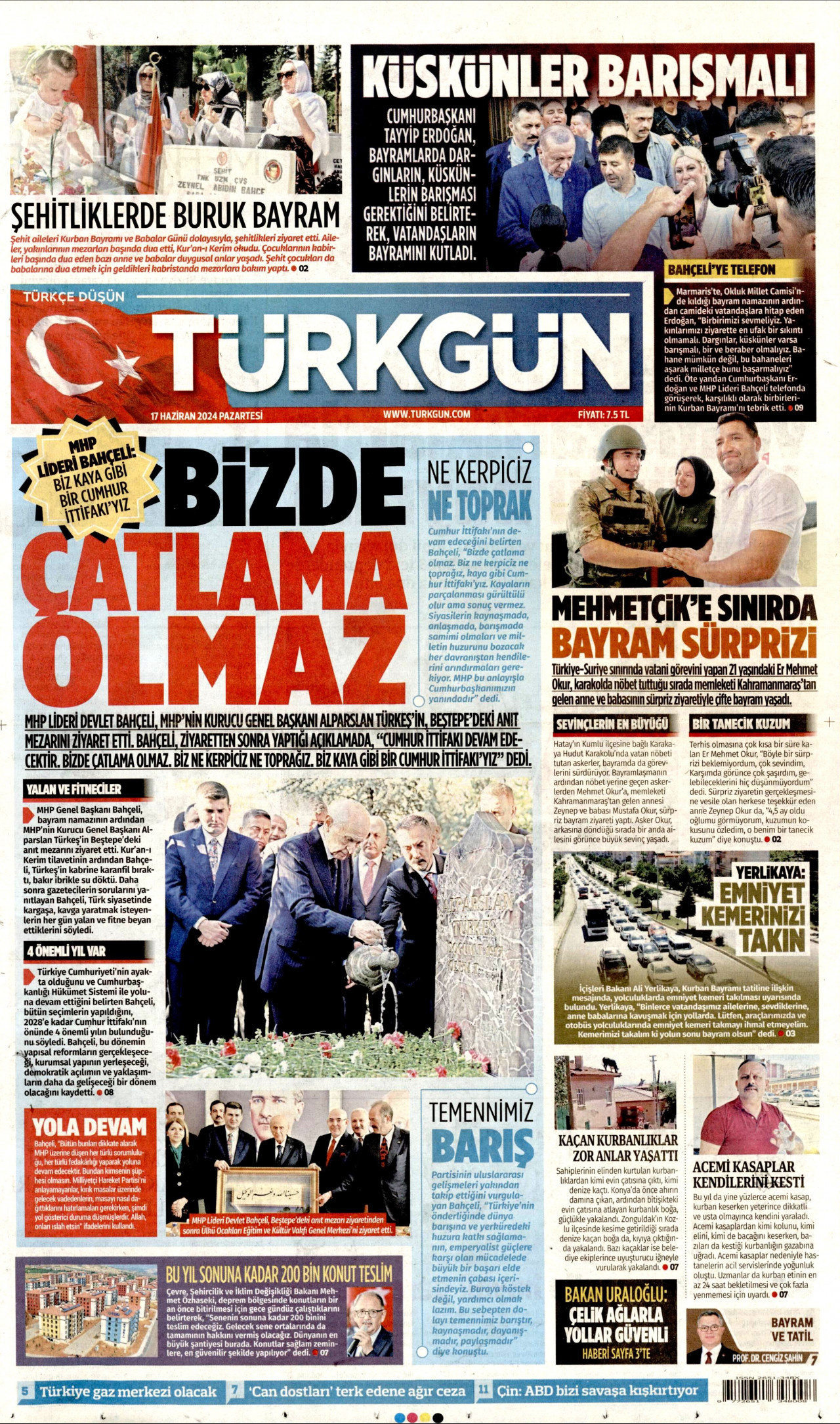 TÜRKGÜN gazetesinin 17 Haziran 2024 tarihli birinci sayfası