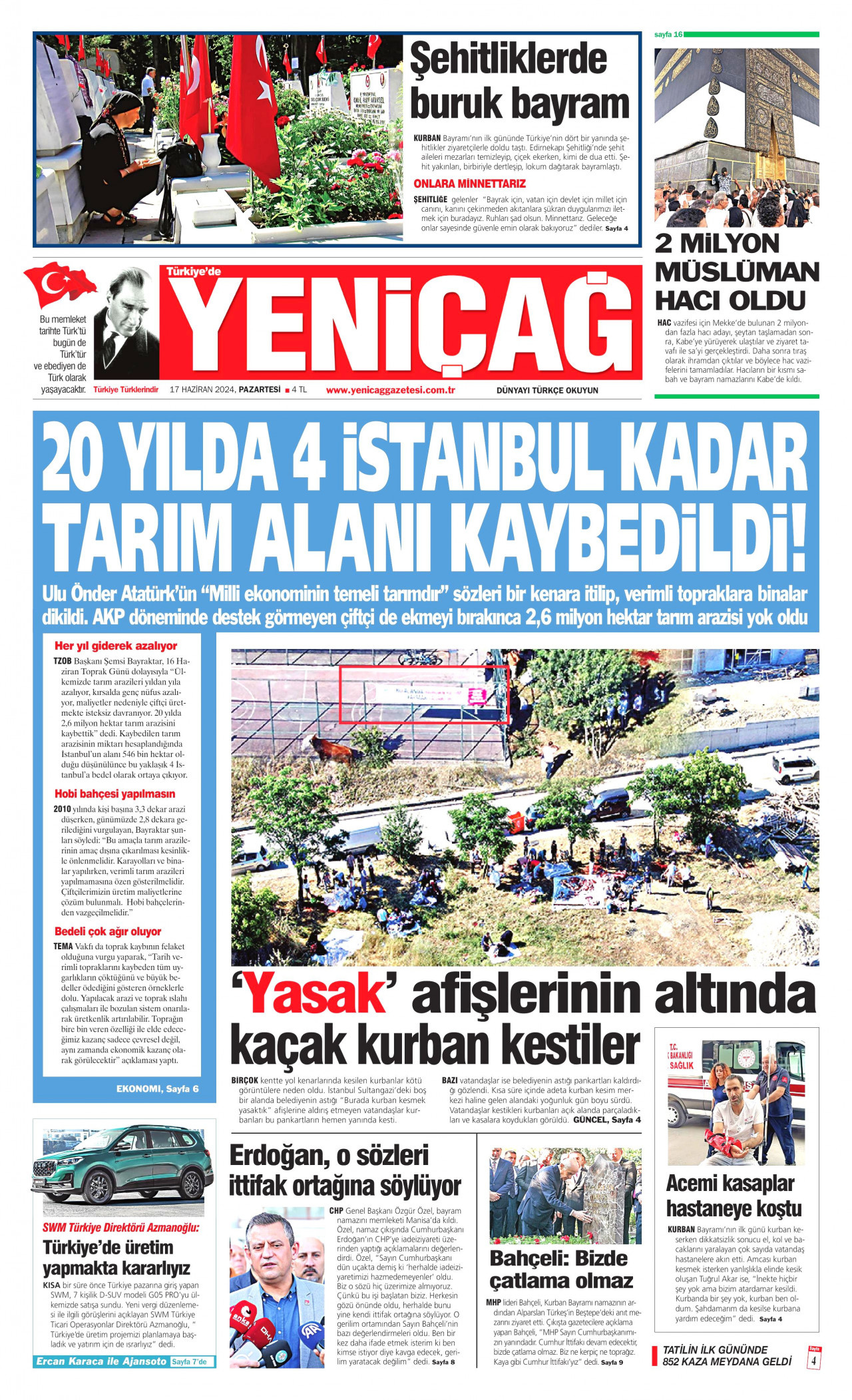 YENİÇAĞ gazetesinin 17 Haziran 2024 tarihli birinci sayfası