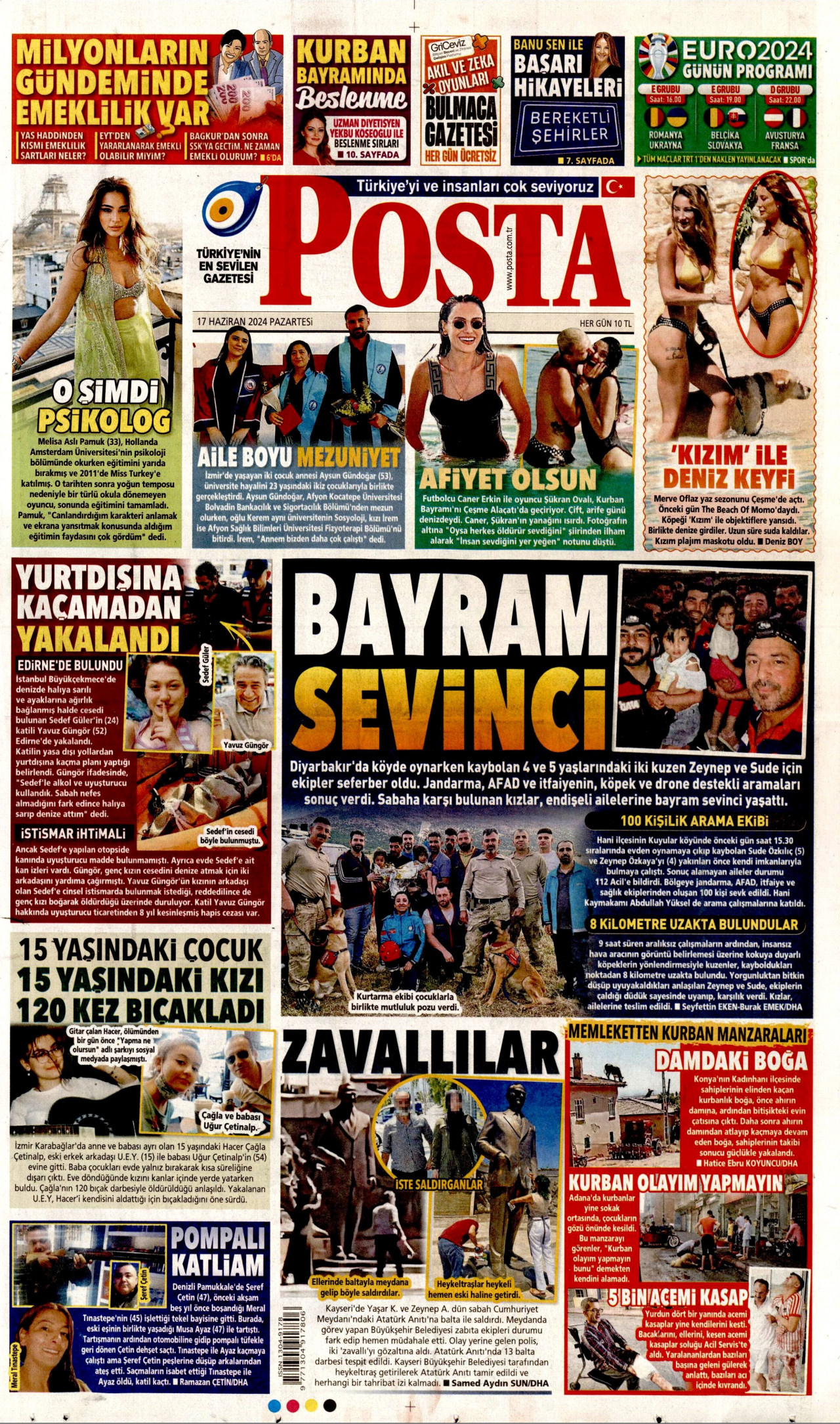 POSTA gazetesinin 17 Haziran 2024 tarihli birinci sayfası