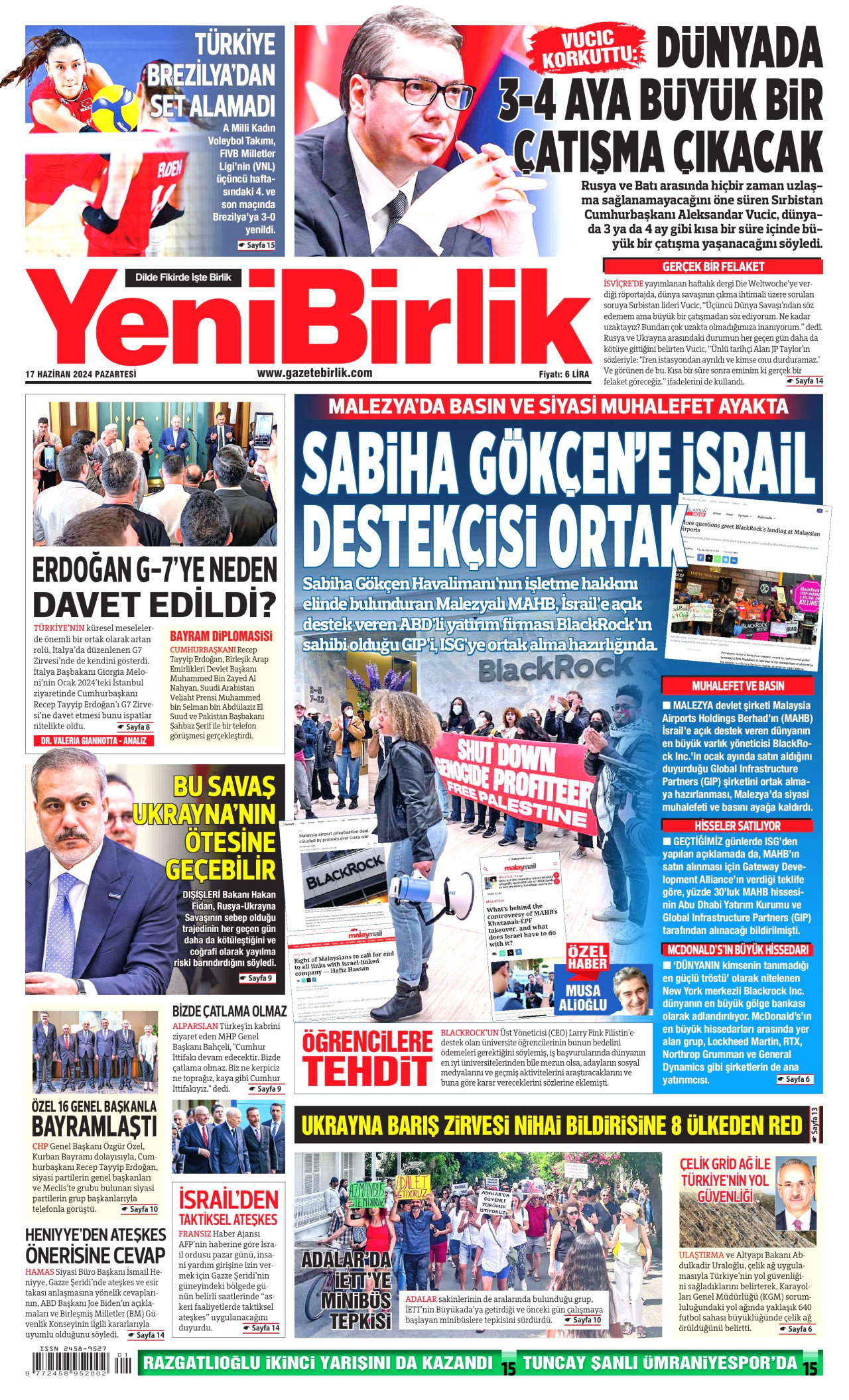 YENİBİRLİK gazetesinin 17 Haziran 2024 tarihli birinci sayfası