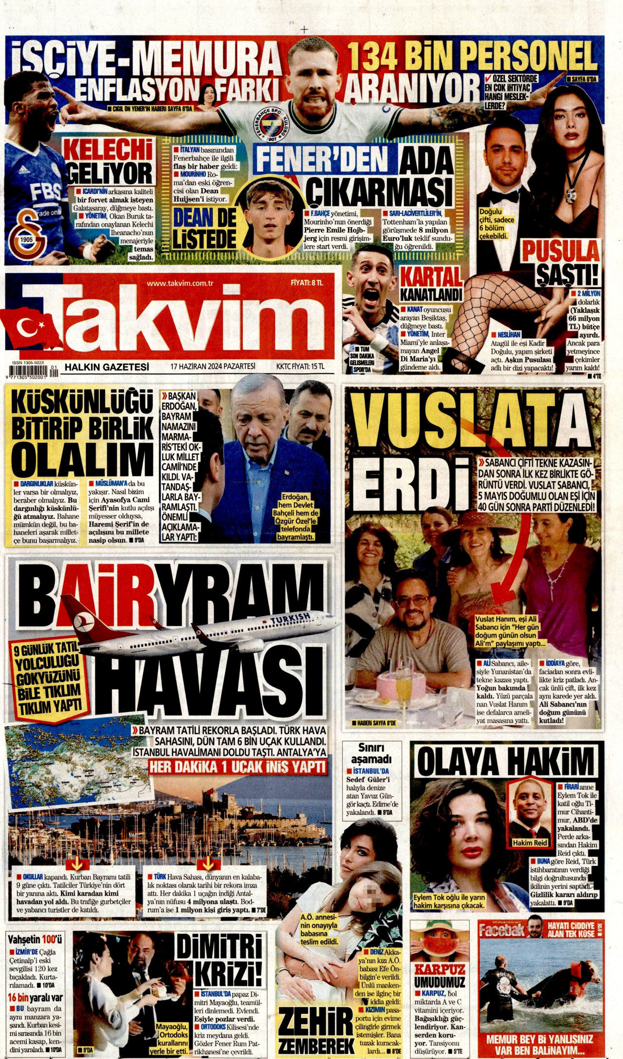 TAKVİM gazetesinin 17 Haziran 2024 tarihli birinci sayfası