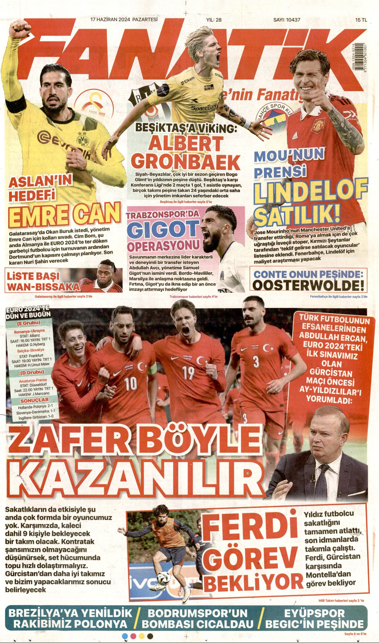 FANATİK gazetesinin 17 Haziran 2024 tarihli birinci sayfası