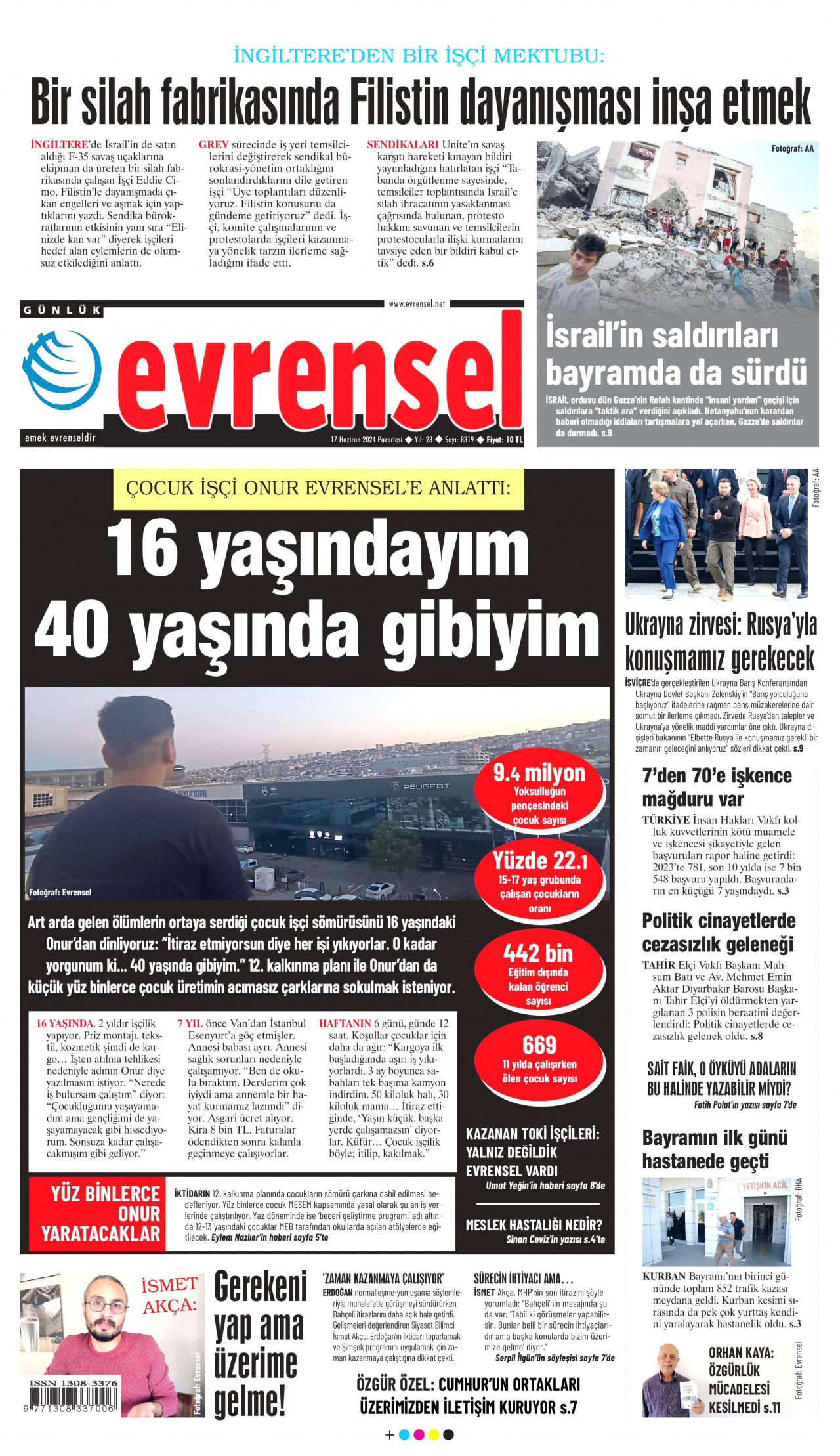 EVRENSEL gazetesinin 17 Haziran 2024 tarihli birinci sayfası