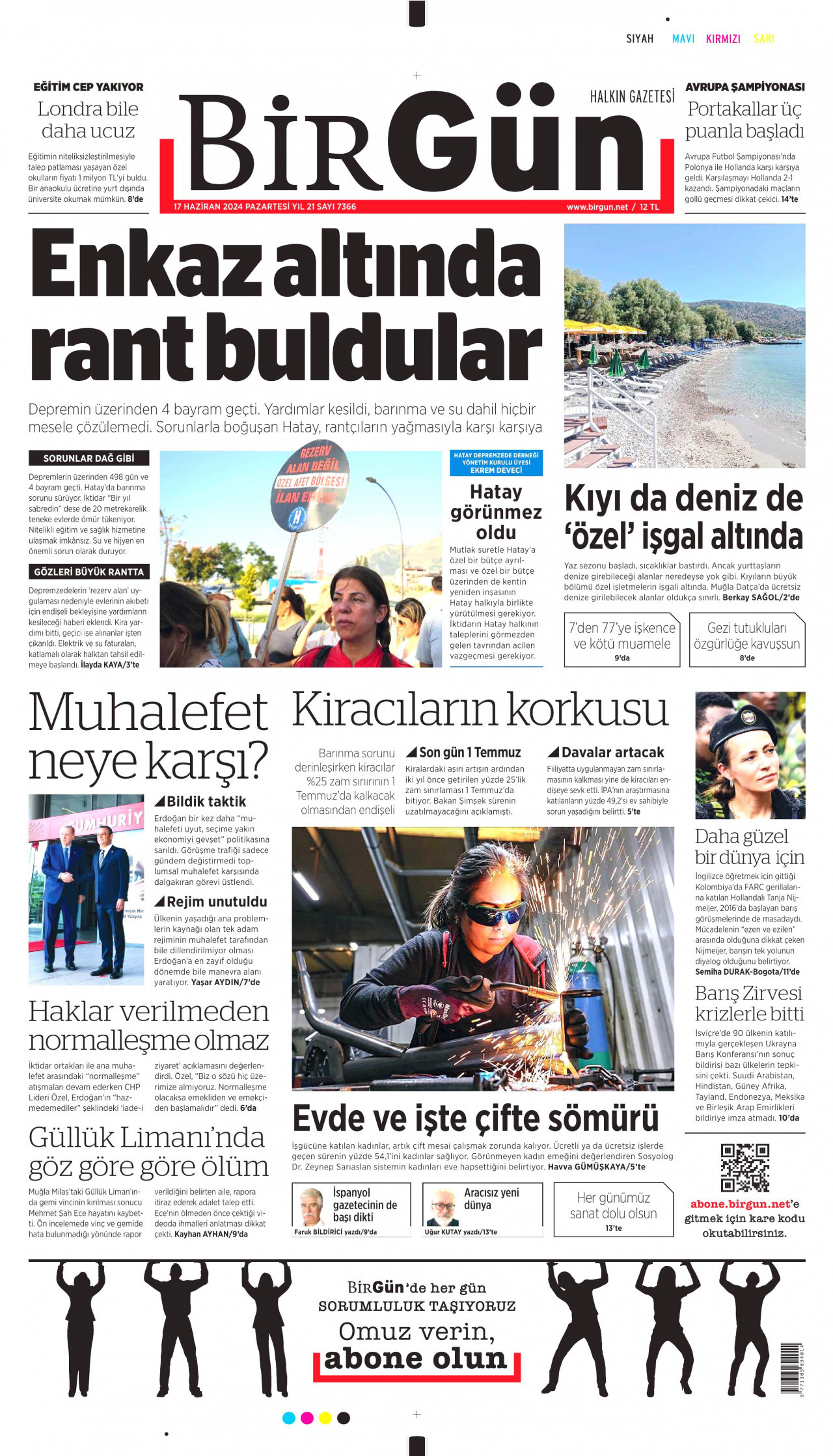 BİRGÜN gazetesinin 17 Haziran 2024 tarihli birinci sayfası
