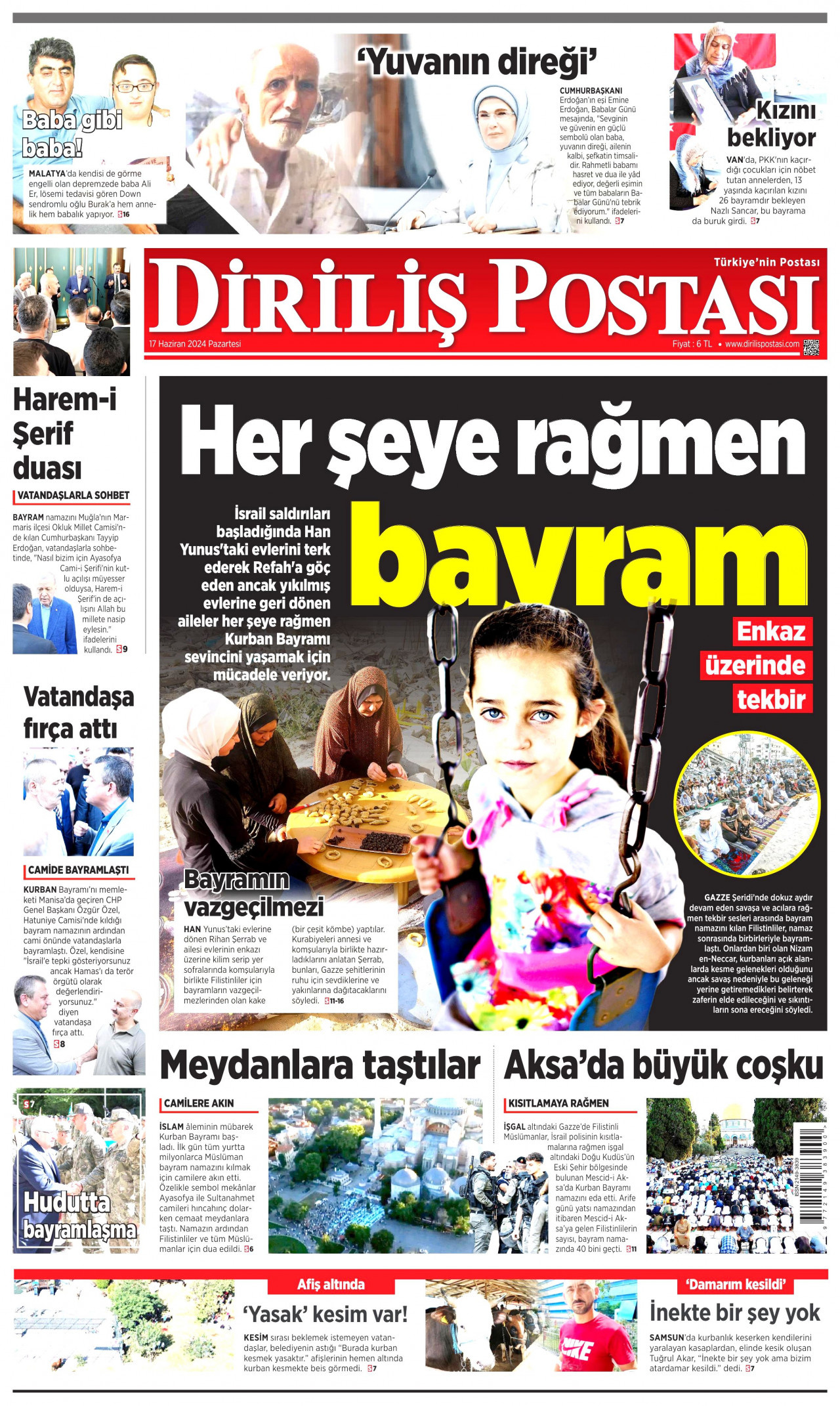 DİRİLİŞ POSTASI gazetesinin 17 Haziran 2024 tarihli birinci sayfası