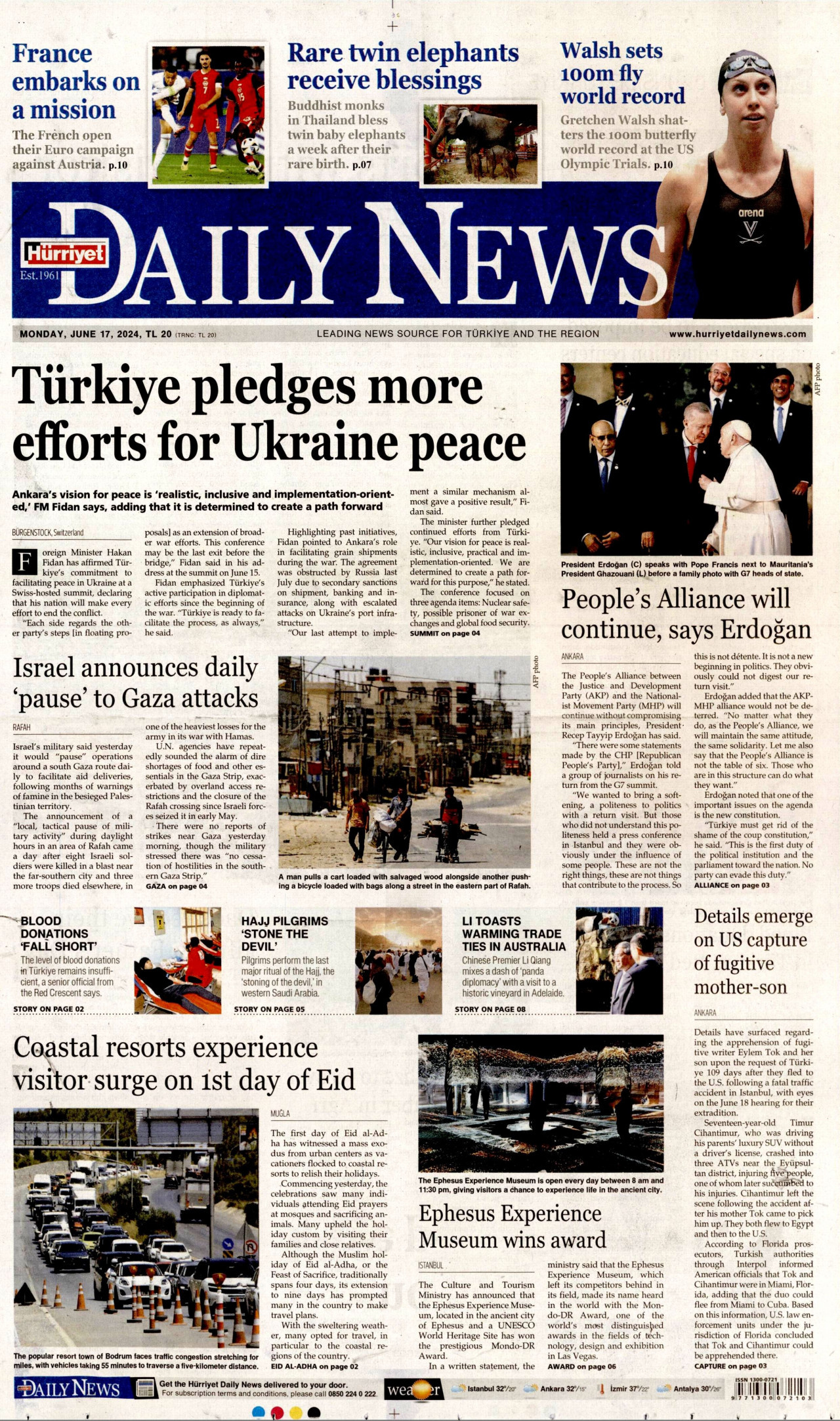 HÜRRİYET DAİLY NEWS gazetesinin 17 Haziran 2024 tarihli birinci sayfası
