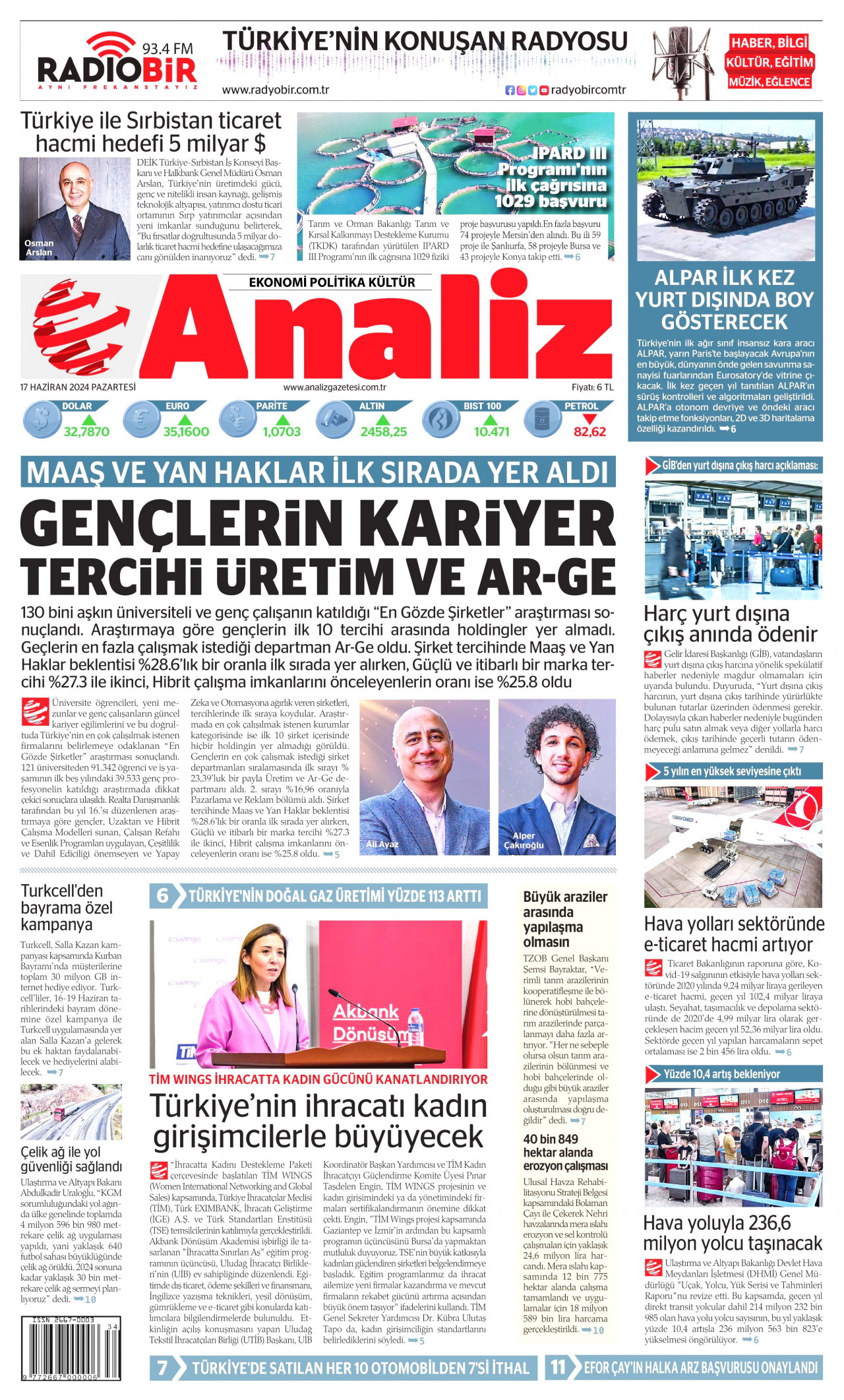 ANALİZ gazetesinin 17 Haziran 2024 tarihli birinci sayfası