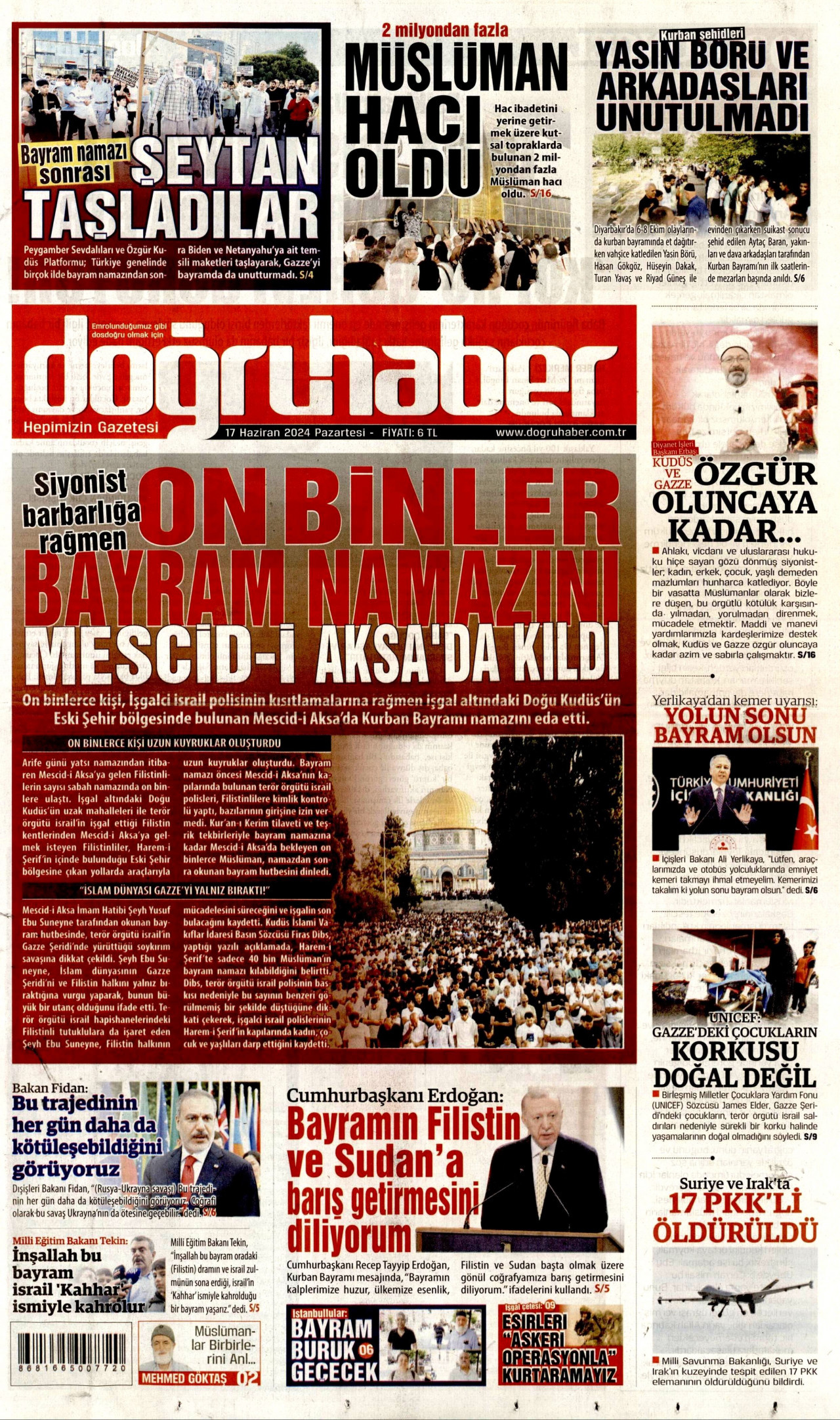 DOĞRU HABER gazetesinin 17 Haziran 2024 tarihli birinci sayfası