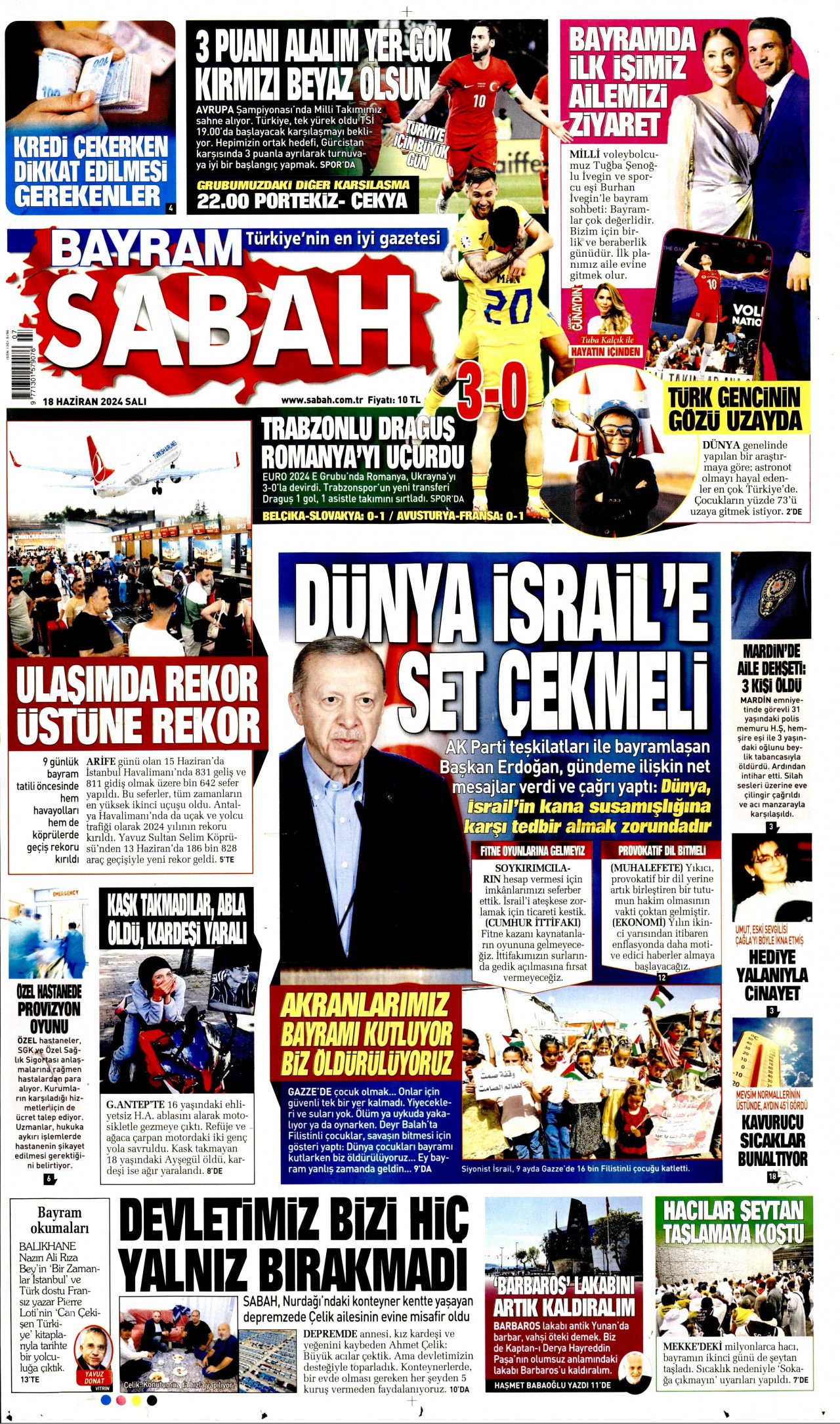 SABAH gazetesinin 18 Haziran 2024 tarihli birinci sayfası