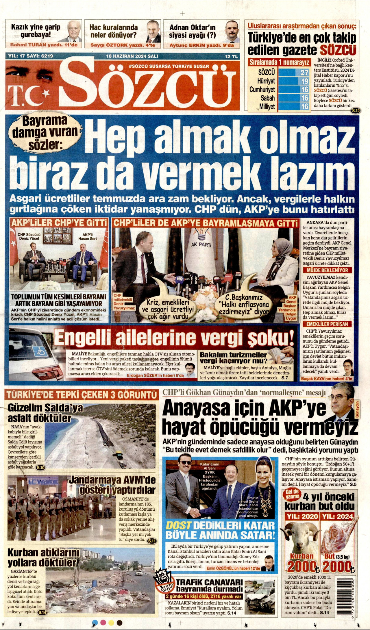 SÖZCÜ gazetesinin 18 Haziran 2024 tarihli birinci sayfası