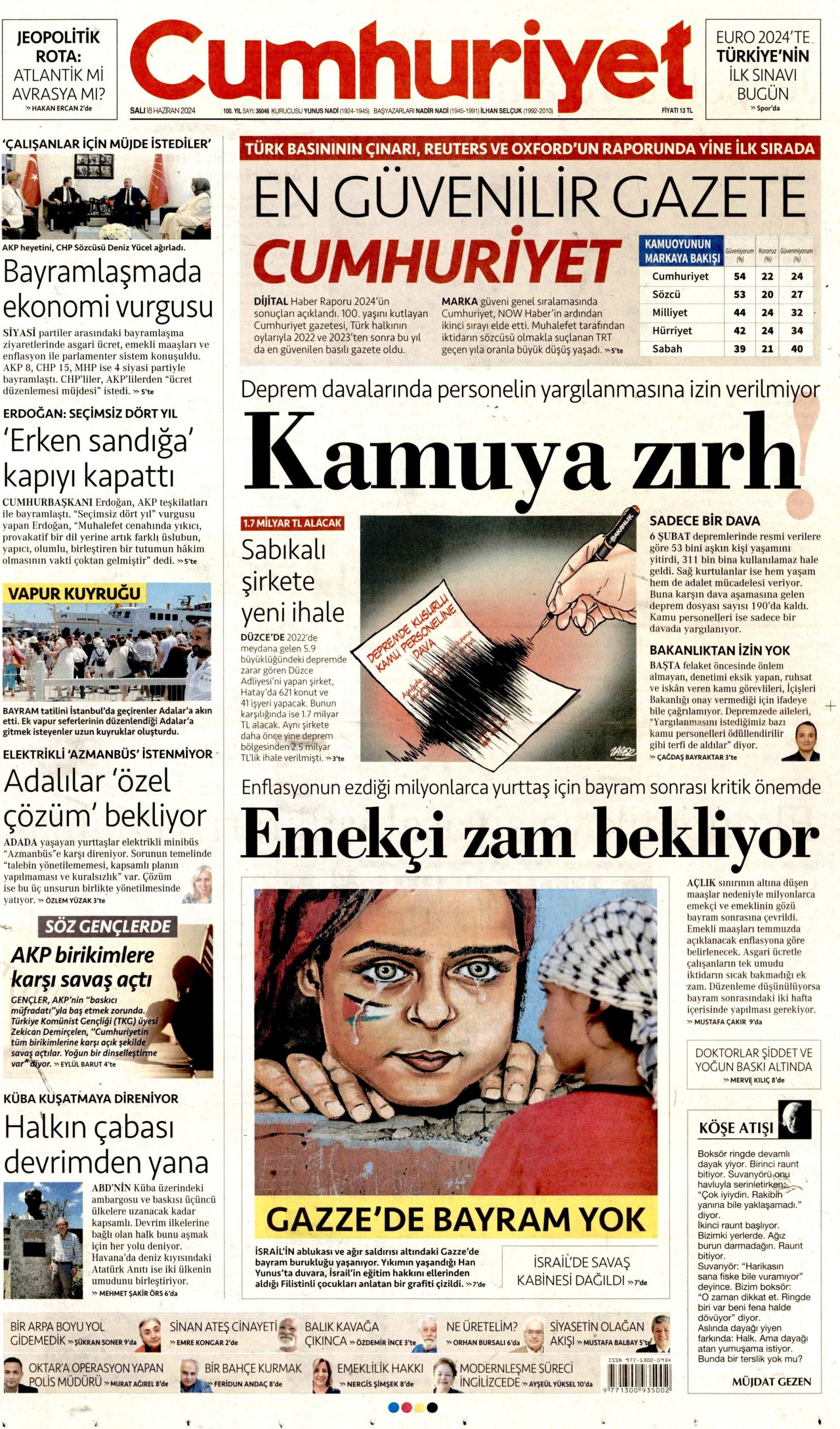 CUMHURİYET gazetesinin 18 Haziran 2024 tarihli birinci sayfası