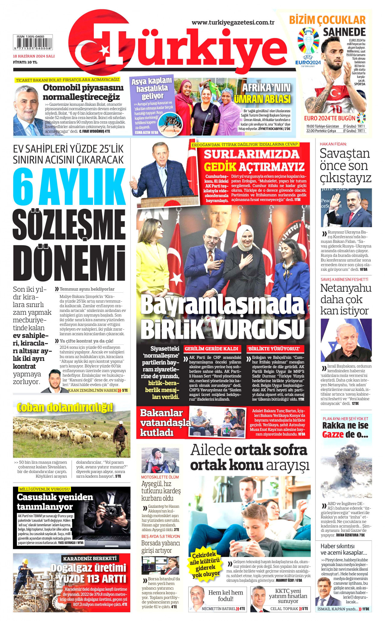 TÜRKİYE GAZETESİ gazetesinin 18 Haziran 2024 tarihli birinci sayfası