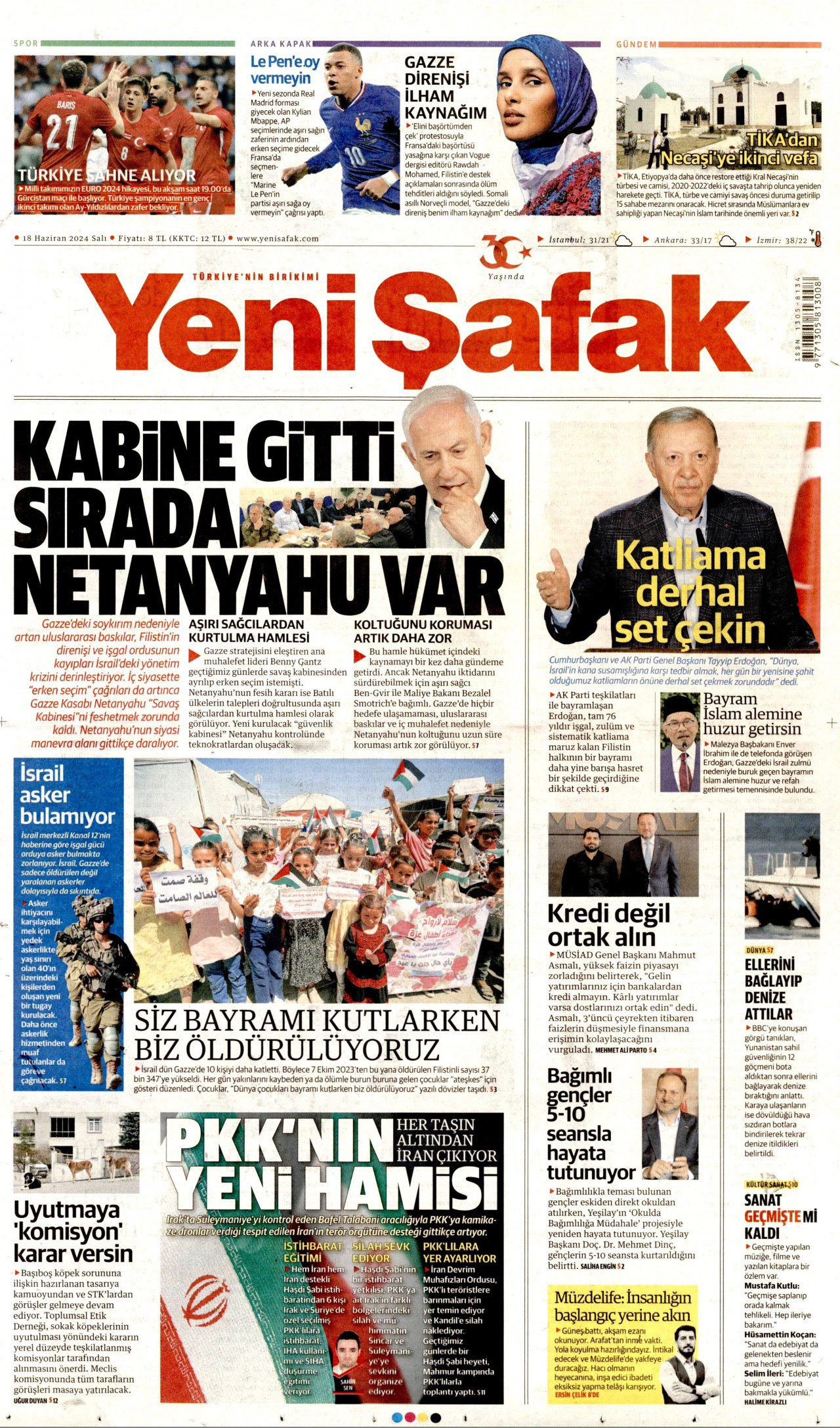 YENİ ŞAFAK gazetesinin 18 Haziran 2024 tarihli birinci sayfası