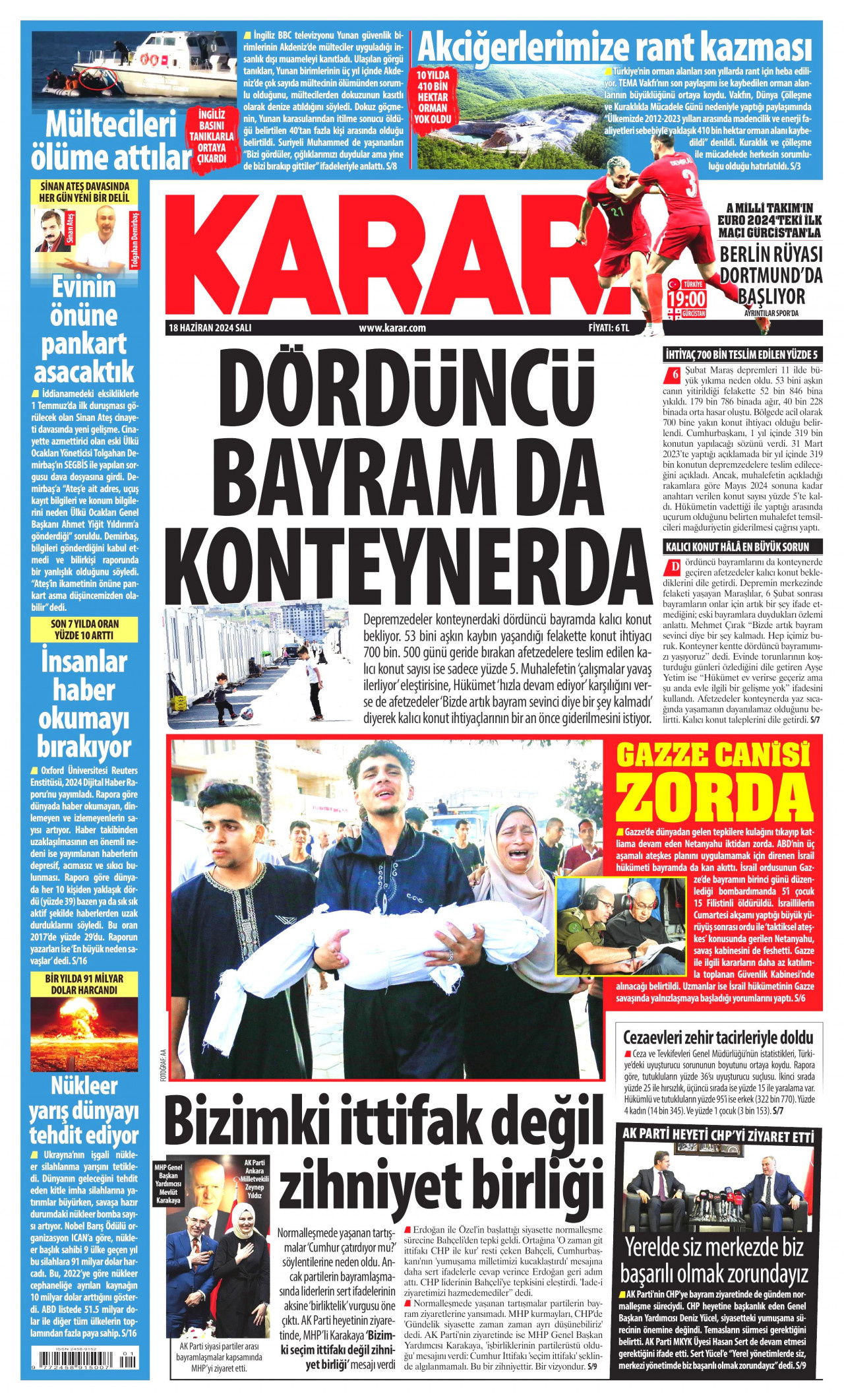 KARAR gazetesinin 18 Haziran 2024 tarihli birinci sayfası