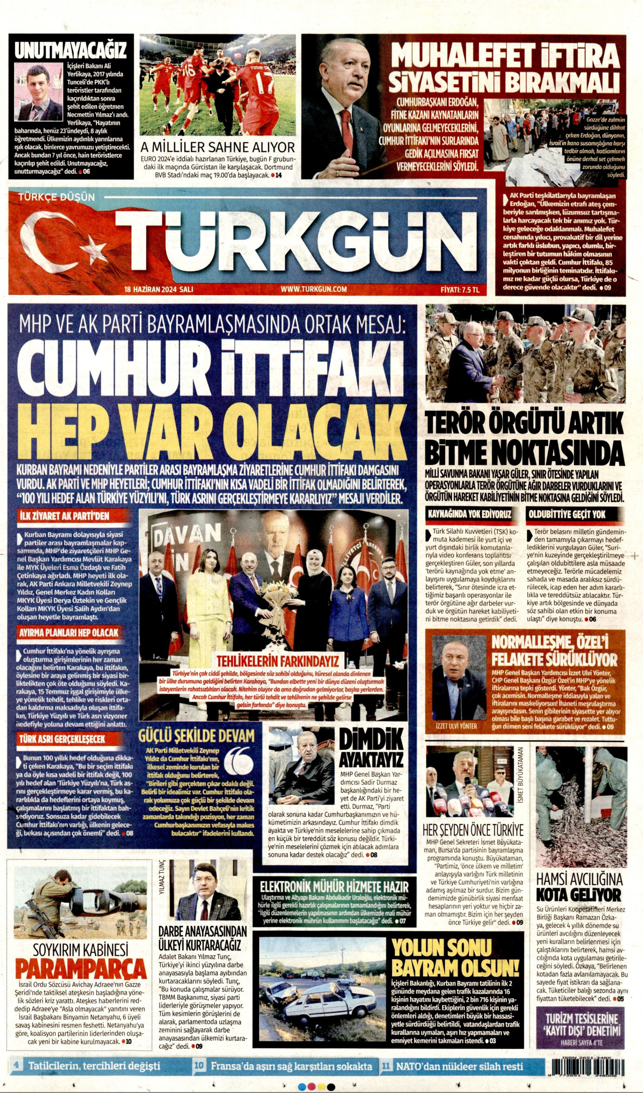 TÜRKGÜN gazetesinin 18 Haziran 2024 tarihli birinci sayfası